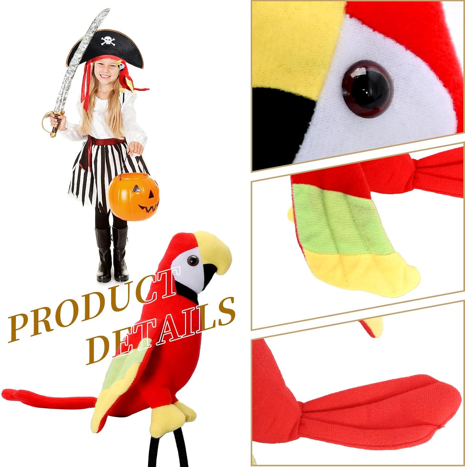 UOIENRT 2Pcs Pirate Hat Hat Skull Print & 10In Stuffed Parrot on Shoulder Pirate Costume Accessories for Halloween, School Play, Theater Performance image number 3