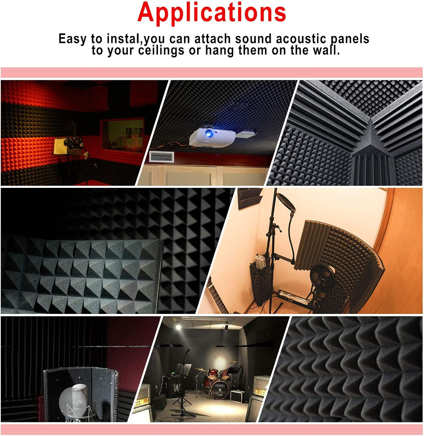 Acoustic Foam Tiles, 24 Packs Soundproof Studio Foams 25X25X5Cm Black and Grey Pyramid Acoustic Panels Home Studio Sound Treatment, for Recording Studio, TV Room, Kid&rsquo;S Room, Office, Podcast image number 1