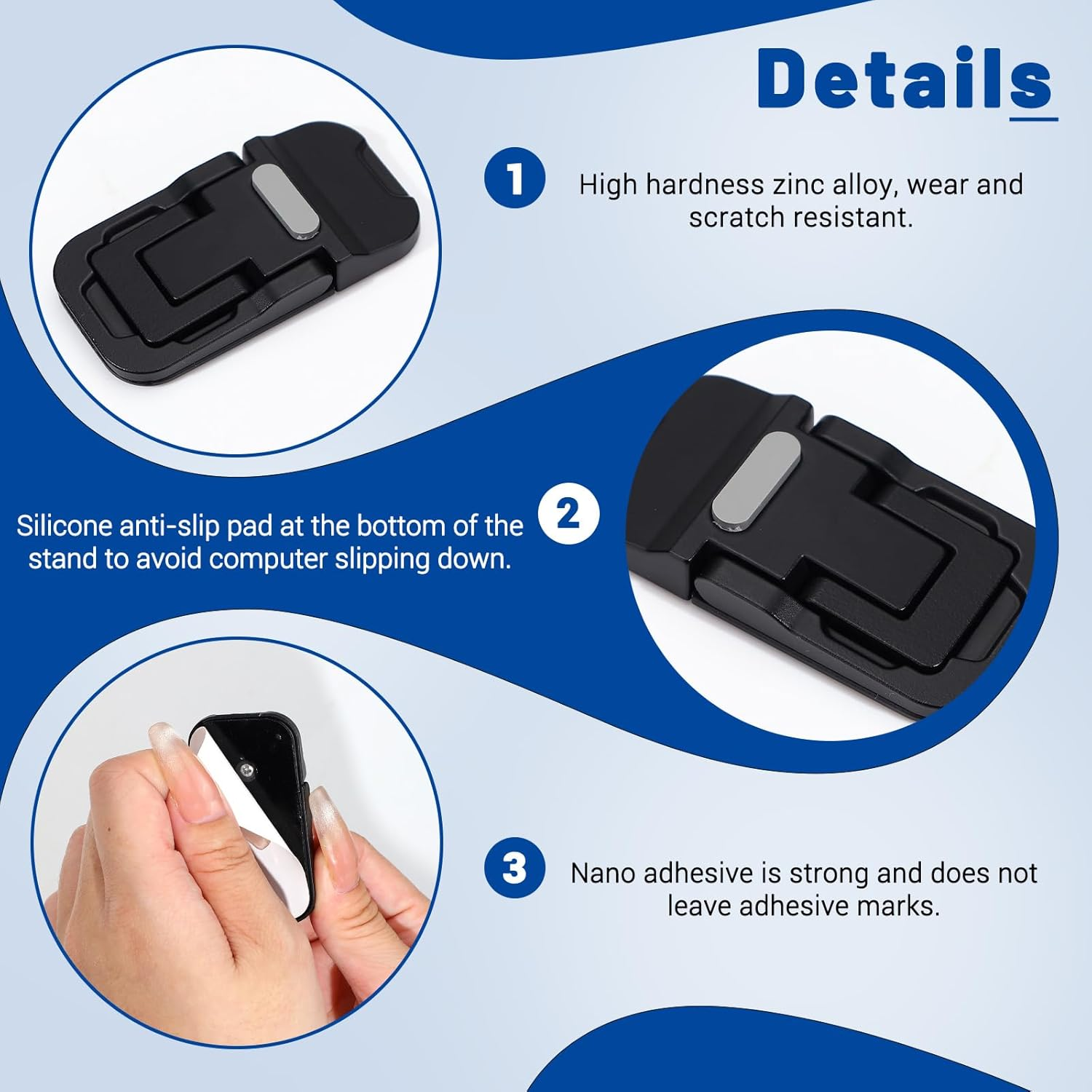 2Pcs Alloy Mini Laptop Stand for Desk, Black Foldable Computer Keyboard Stand, Self-Adhesive Invisible Computer Stand for Laptop image number 2