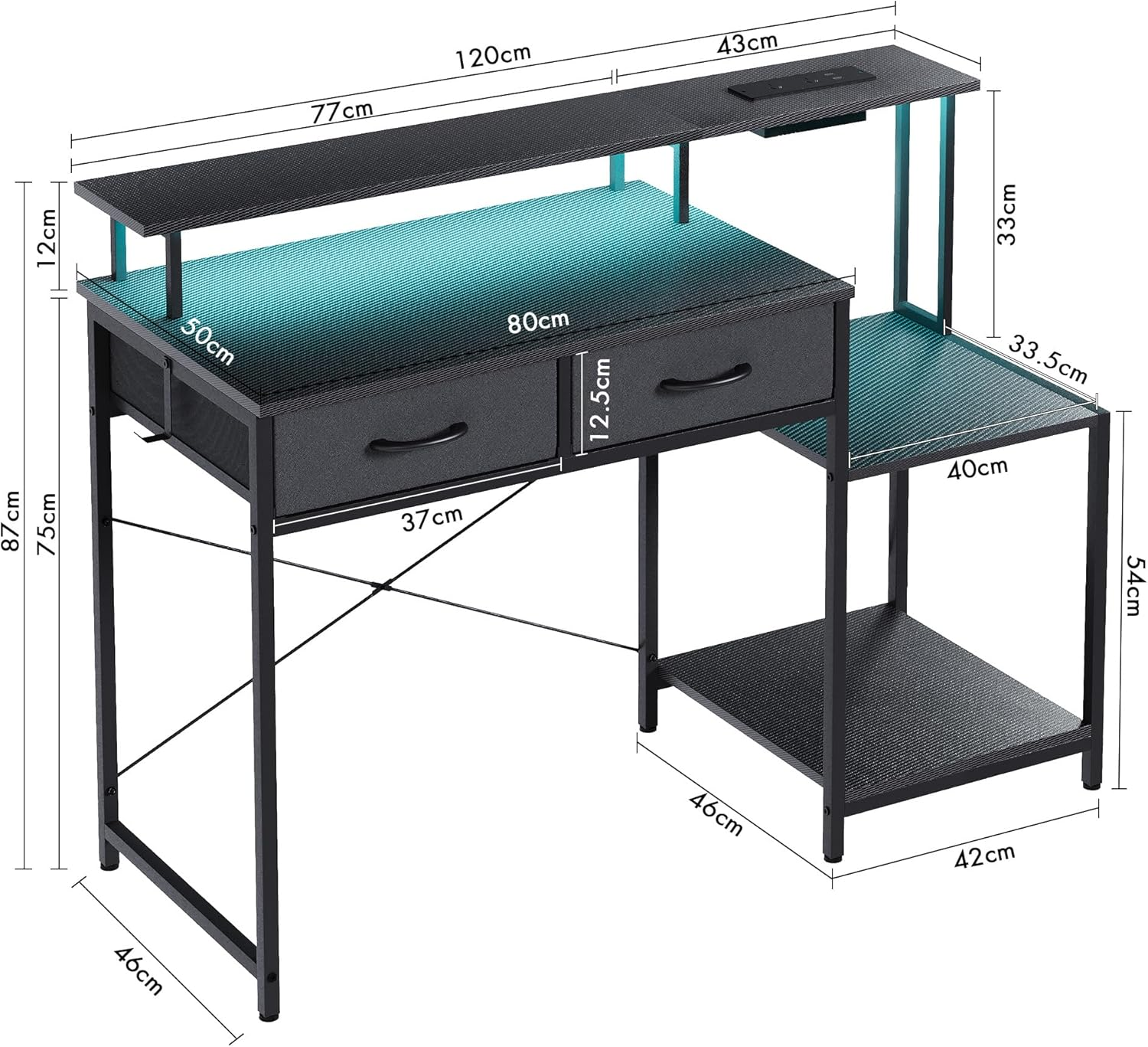 Advwin 120Cm Gaming Desk with LED Lights & Power Outlets Reversible Printer Storage Shelf Computer Desk with Drawers & Headphone Hook Black - Black image number 5