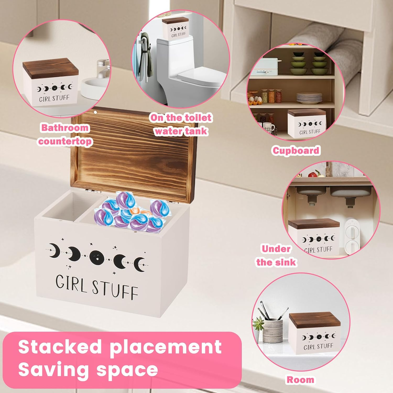 Wood Lady Stuff Storage Box, Lightweight Versatile Feminine Product Organizer, with Hinged Lid and Removable Divider, Tampon Holder and Pad Case for Bathroom Accessories image number 4