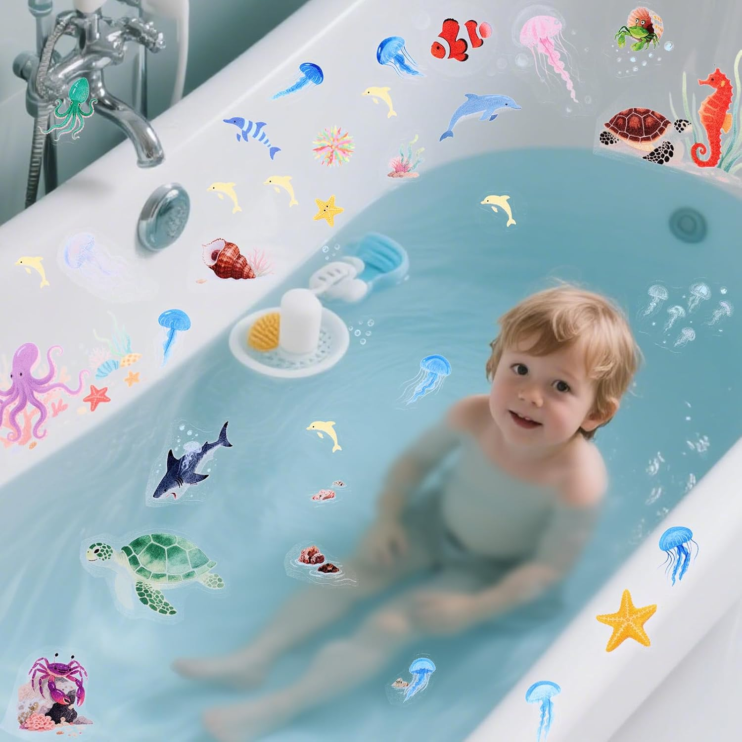 6Pcs Sea Creatures Bathtub Stickers, Non Slip Ocean Kids Bathtub Stickers Strong Adhesive Creative and Cute Bathroom Decorations for Bath Tub and Shower Floor image number 1