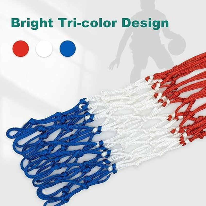 Red White Blue Standard Thick Nets, 2Pcs Red White Blue Nylon Basketball Nets,Basketball Nets Rainproof Sunscreen Nets,Pp Basketball Hoop Net Rim Net,Red White Blue Bold Polyester Braided Net