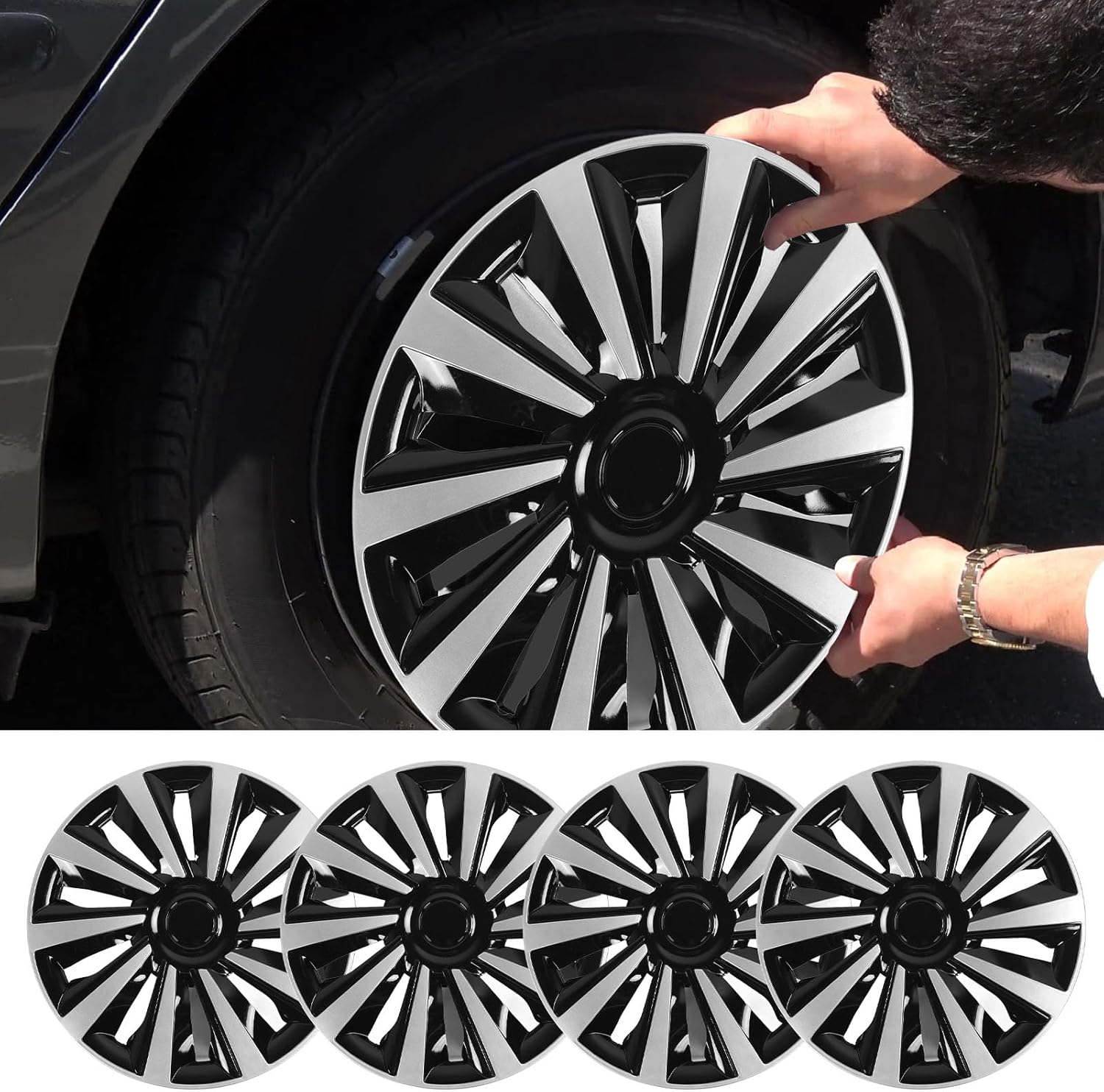 4 Pcs 15In Wheel Hub Caps Snap on Design ABS Full Protection Stylish Look Universal Fit for 15In Steel Wheels image number 1