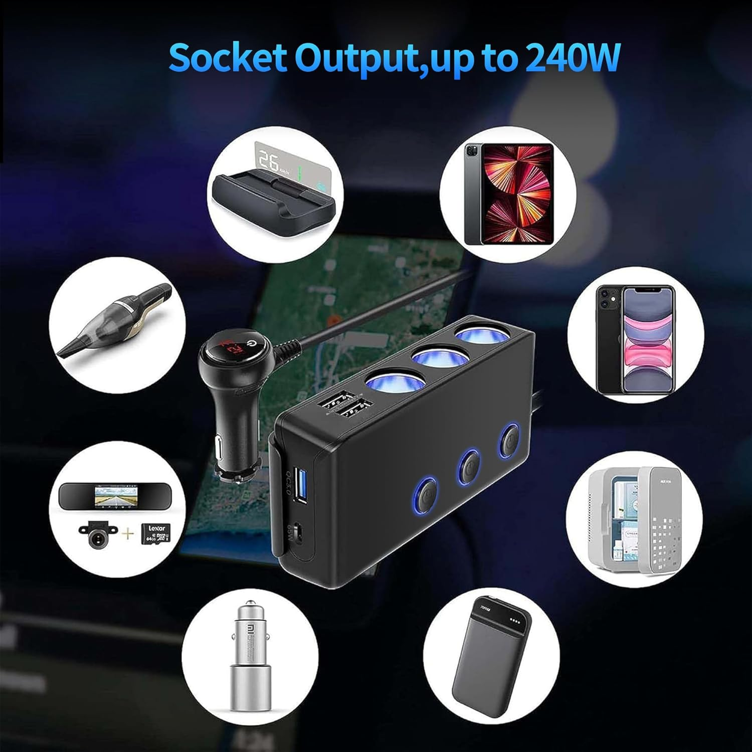 220W High-Power Car Cigarette Lighter Adapter Heavy-Duty Truck USB Charger 12V/24V Splitter with 3-Way Socket and Non-Slip Base for In-Vehicle Devices image number 3