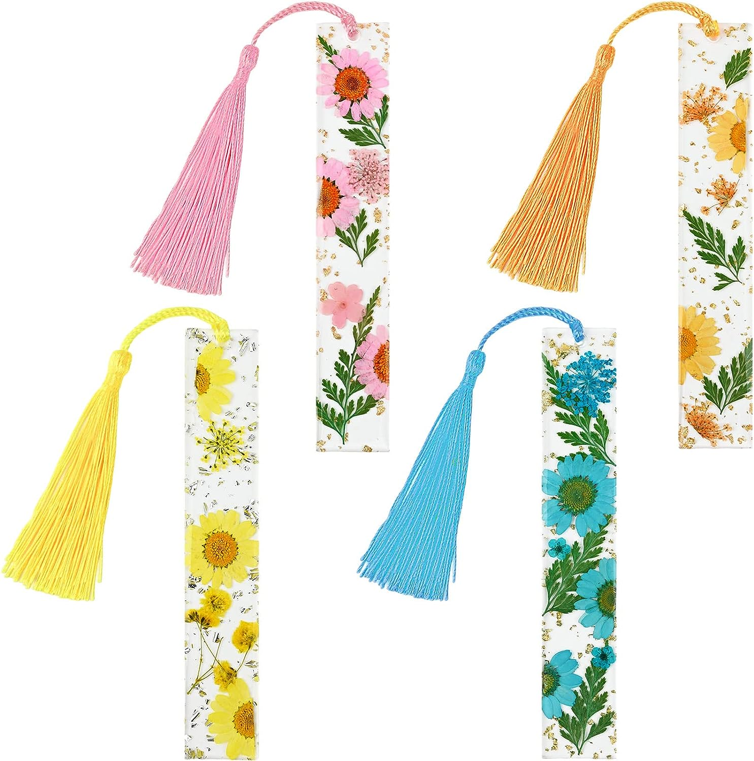 Kavoc 4 Pieces Flower Acrylic Bookmarks Book Page Holder Floral Bookmarks with Colorful Tassels Thumb Ring Page Holder Transparent Page Holders for Reading Students Teachers (Blue/Orange/Pink/Yellow) image number 2