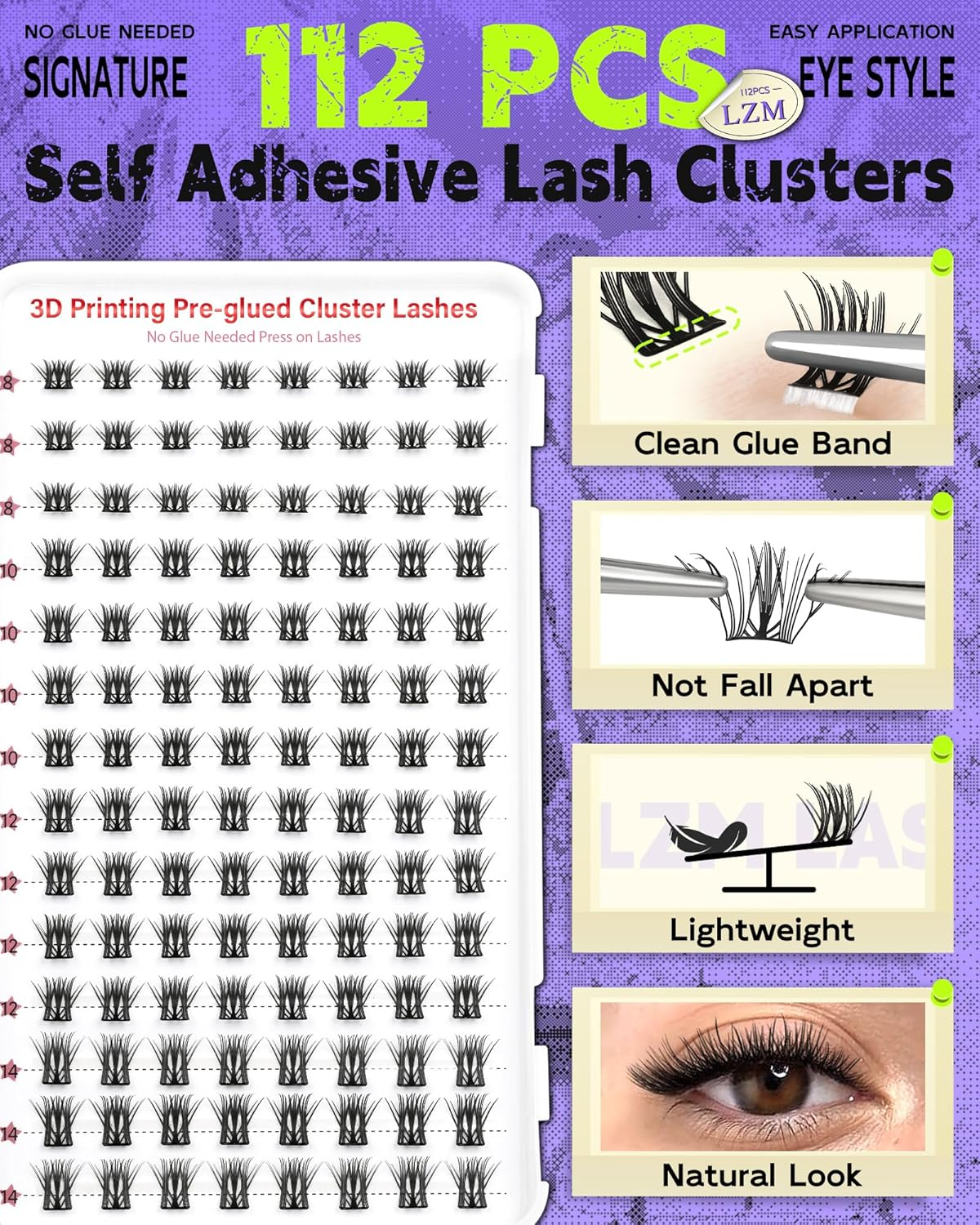 LZM Pre Glued Cluster Lashes Self Adhesive Lashes Clusters Natural with Tweezers No Glue Needed Press-On Eyelashes 8-14Mm Wispy Eyelash Extensions DIY at Home (KLSH44A) image number 5
