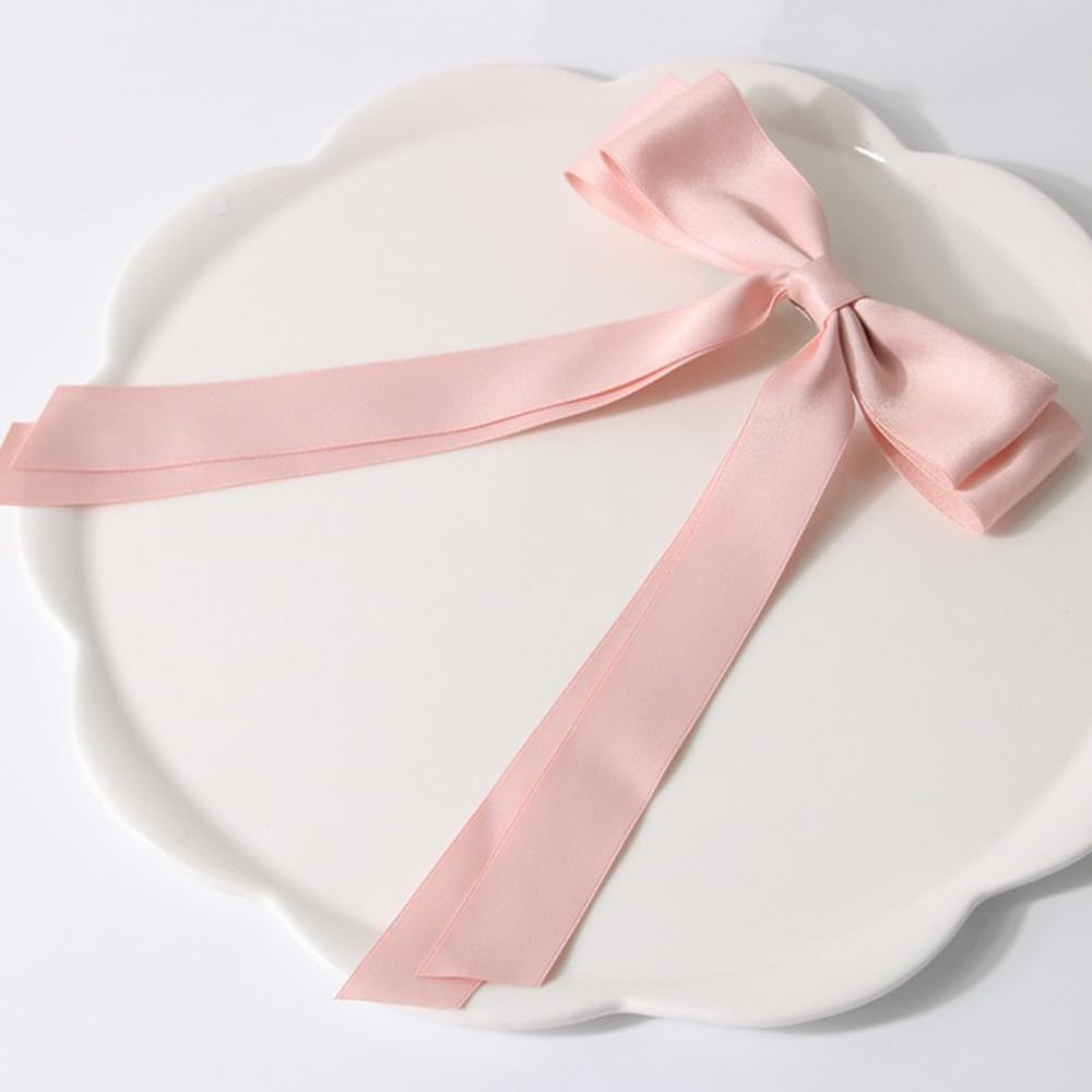 TSUOUKL 2 Pieces Silky Satin Hair Bows Hair Clip Pink Cream Hair Band Ponytail Holder Metal Clips Hair Bow for Women image number 6