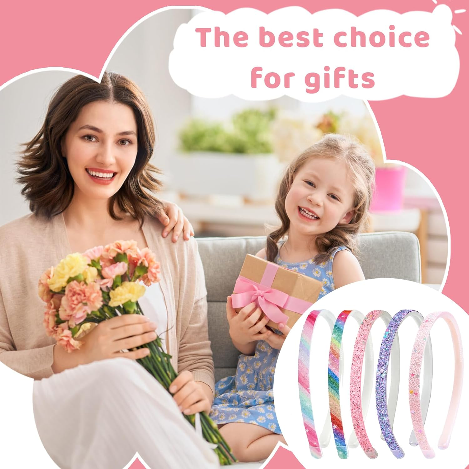 Pack of 5 Girls' Headbands, Colourful Hair Band, Plastic, Glittering, Cute, Non-Slip, Thick, Glittering, Confetti, Rainbow Hair Bands with Teeth for Little Girls image number 1