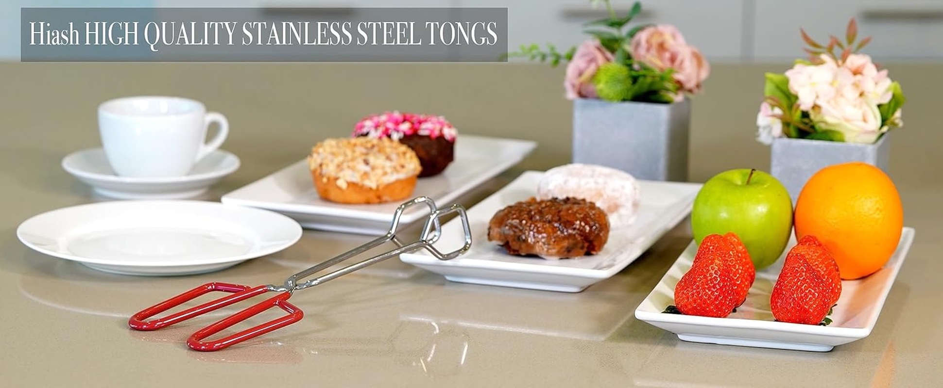 Hiash Stainless Steel Kitchen Tongs Heavy Duty Cooking Tongs Good Grips 10-Inch Scissors Tongs with Comfortable Red Handle for Cooking Barbecue image number 6