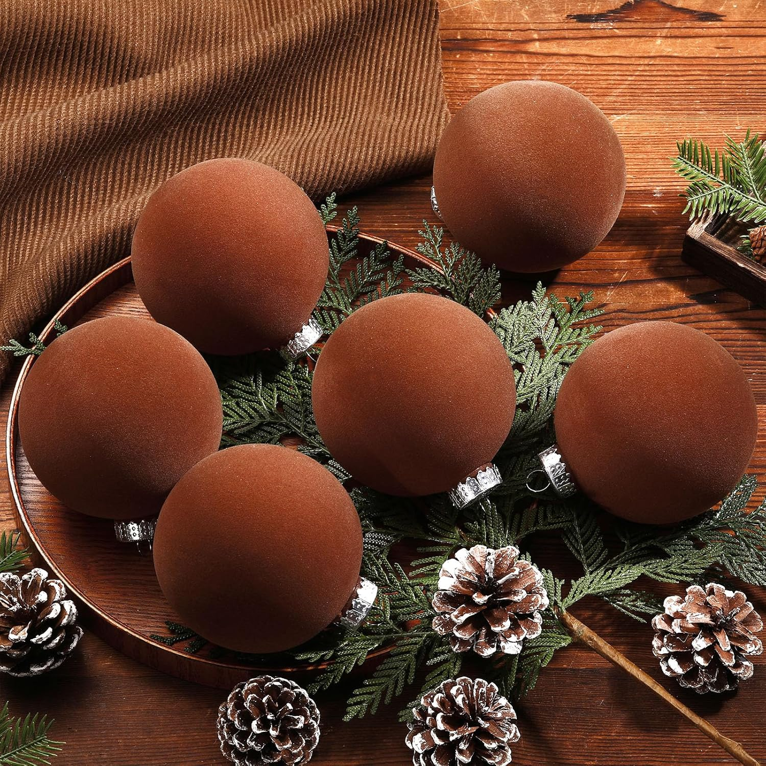 6 Pcs Large Velvet Christmas Ball Ornaments 3.9'' Vintage Neutral Christmas Ornaments Hanging Flocked Christmas Ornaments Christmas Tree Decorations for Holiday Party Xmas (Brown) image number 5