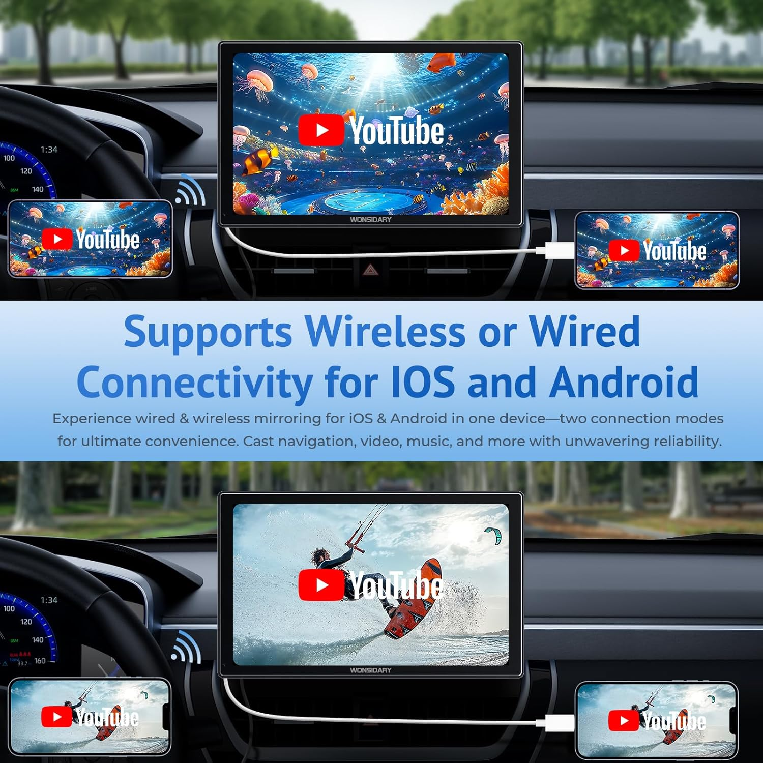 Wonsidary 9" Carplay Screen for Car,Wireless/Wired Apple Carplay,Android Auto and Mirror Link,Ips Touch Screen Portable Car Stereo with Light Sensitive,Bluetooth Audio,Siri,Navigation for All Vehicles image number 5