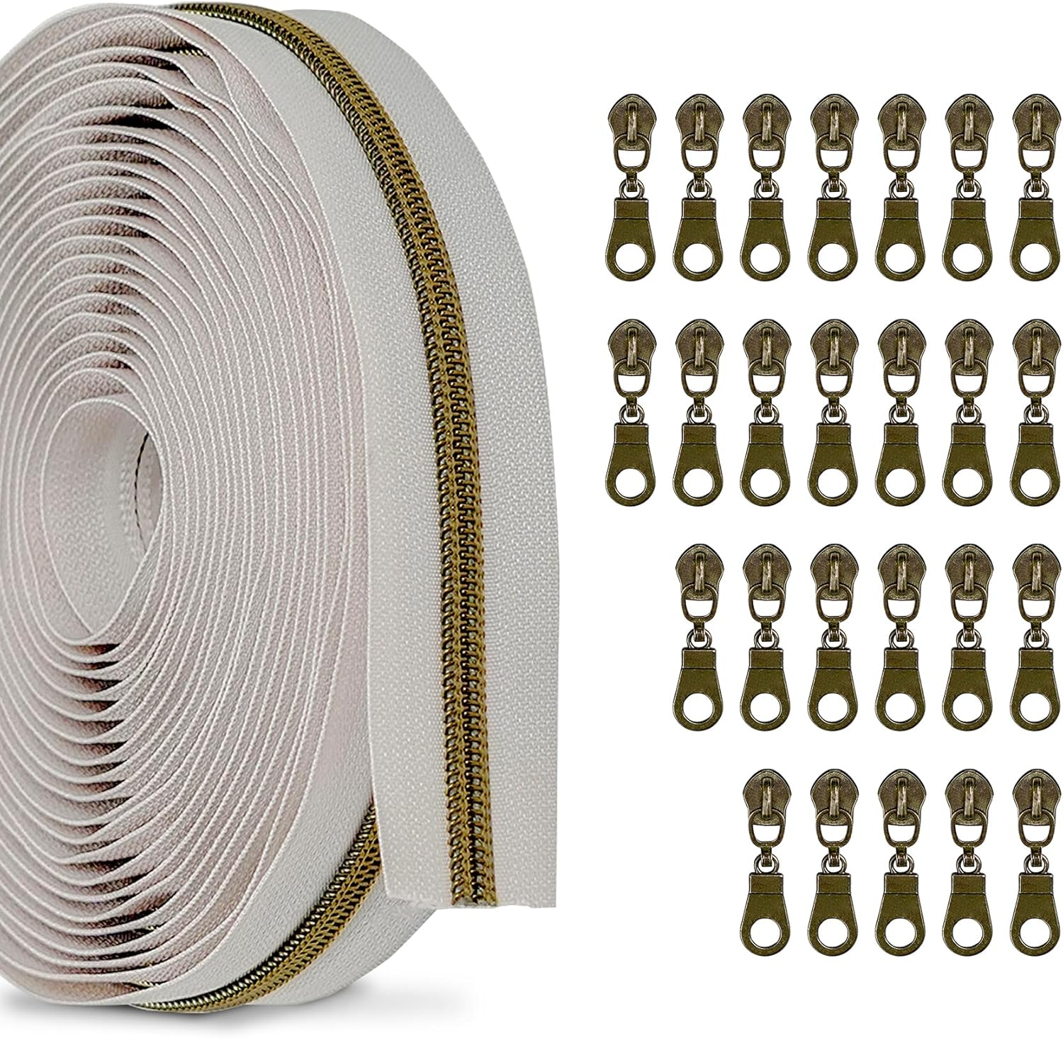 Zynzaoacs #5 Zipper by the Yard with Pulls, Continuous Black Tape (10Yds) and Rust-Proof Gold Metal Pulls (25Pcs), Bulk Zippers for Sewing Bags and Purses, Cuttable Nylon Zipper Roll