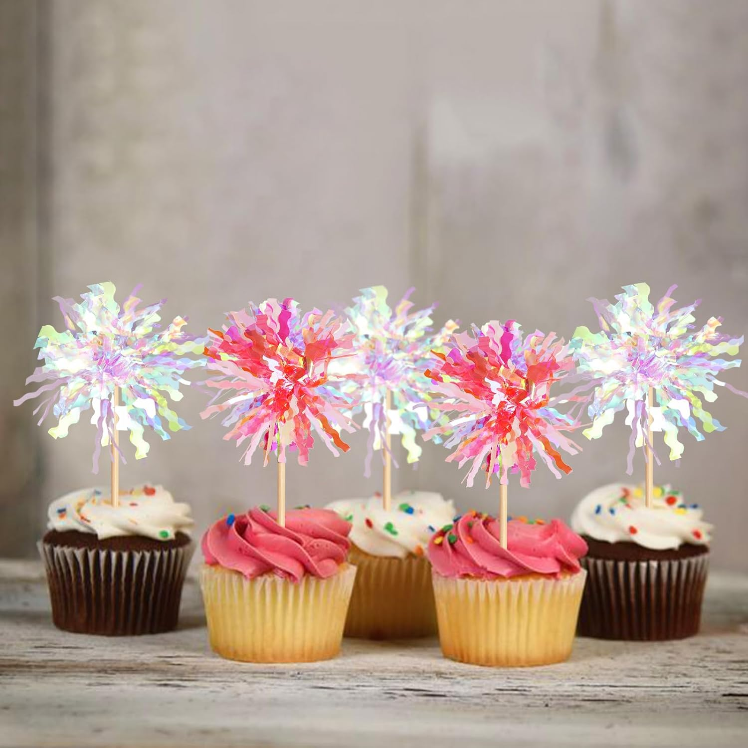 20 Pack Foil Firework Cupcake Toppers Party Birthday Cake Toppers Supplies Sparkle Tinsel Cocktail Fruit Toothpick for Birthday Wedding Graduation Party White+Pink - Black Gold Sliver image number 5