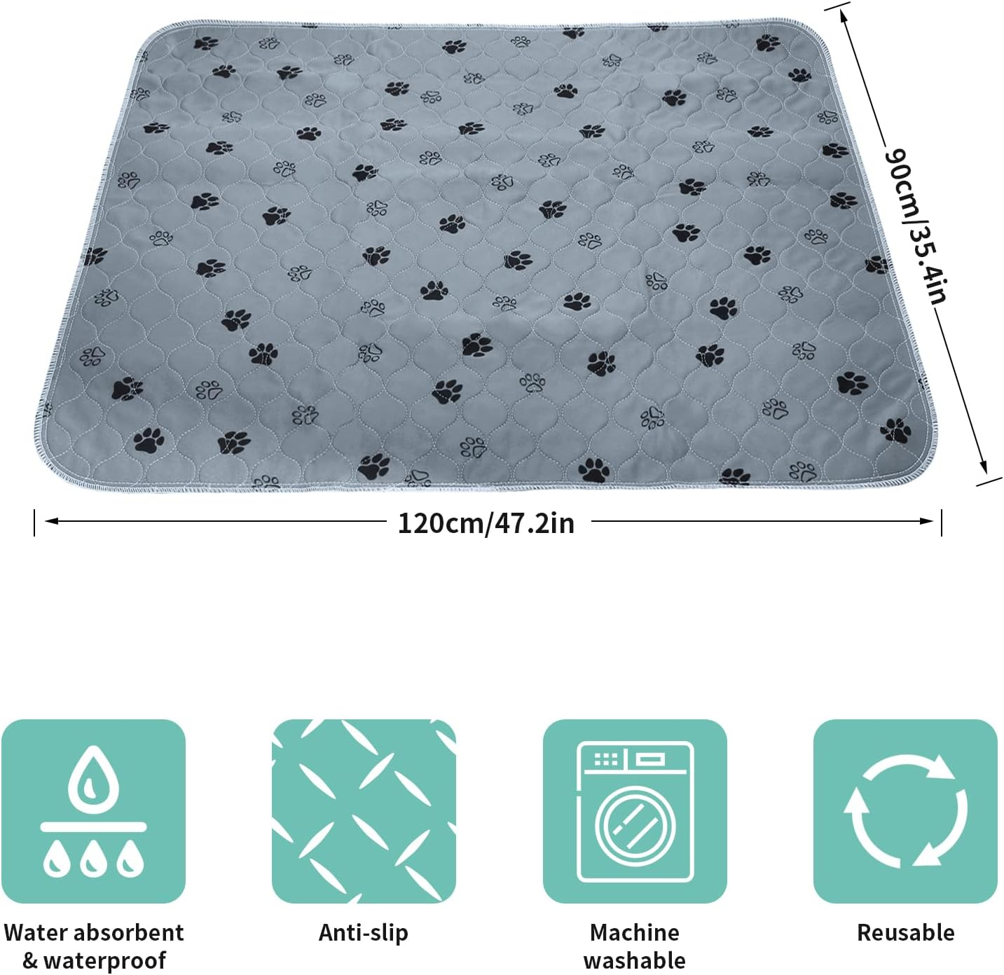 Pack of 2 90 X 120 Cm Puppy Pads Washable, Reusable Training Pads for Dogs, Non-Slip and Absorbent PIPI Pads for Guinea Pigs, Dogs, Cats and Rabbits, Dog Paw Pattern image number 4