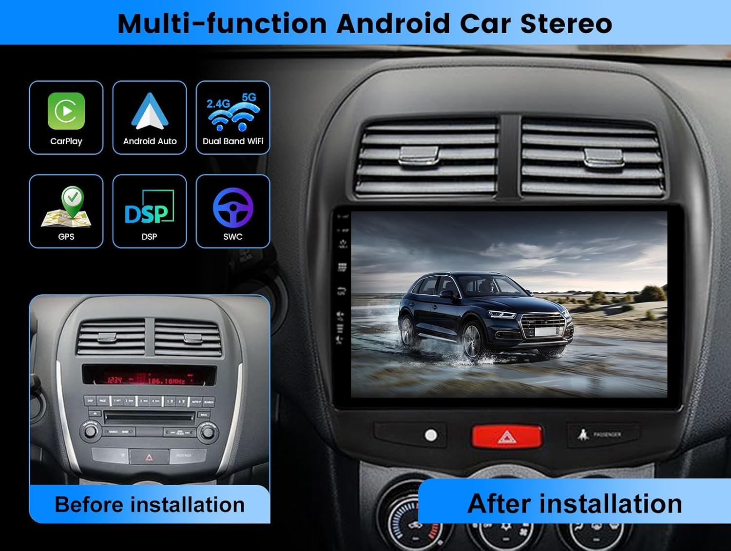 6G+128G - Android 14 IPS Car Stereo for Mitsubishi ASX (2010-2019) - Wireless Carplay/Android Auto - LED Camera + MIC - 10.1 Inch 2 Din - DAB Steering Wheel Fast-Boot 360-CAM AHD Wifi image number 4