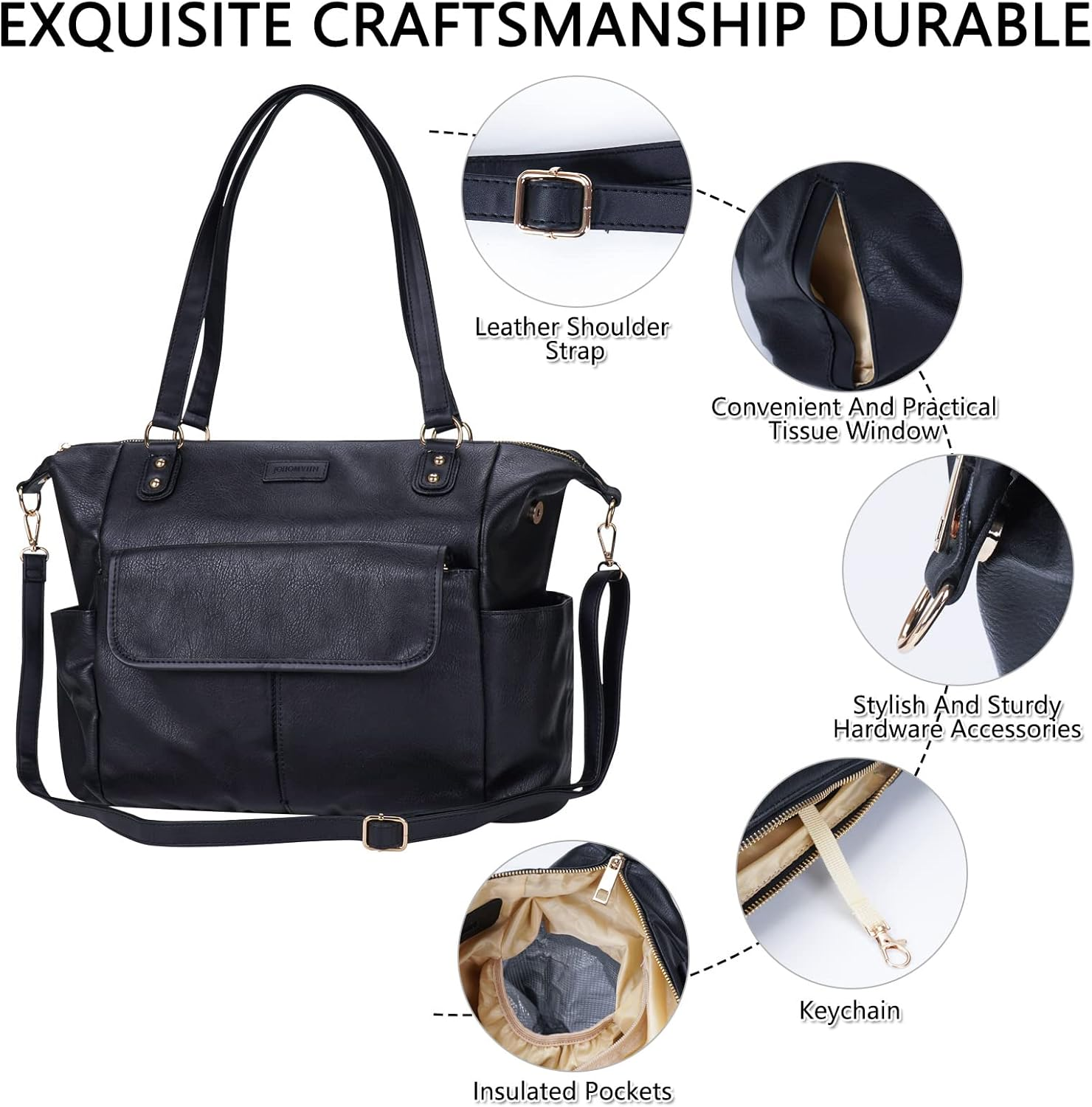 Diaper Bag Tote Johomviin Fashion Leather Diaper Bag Backpack with 13 Pockets for Mom Dad, Large Travel Baby Bag Purse for Boys Girls with 3 Insulated Pockets, Changing Station - Black image number 3