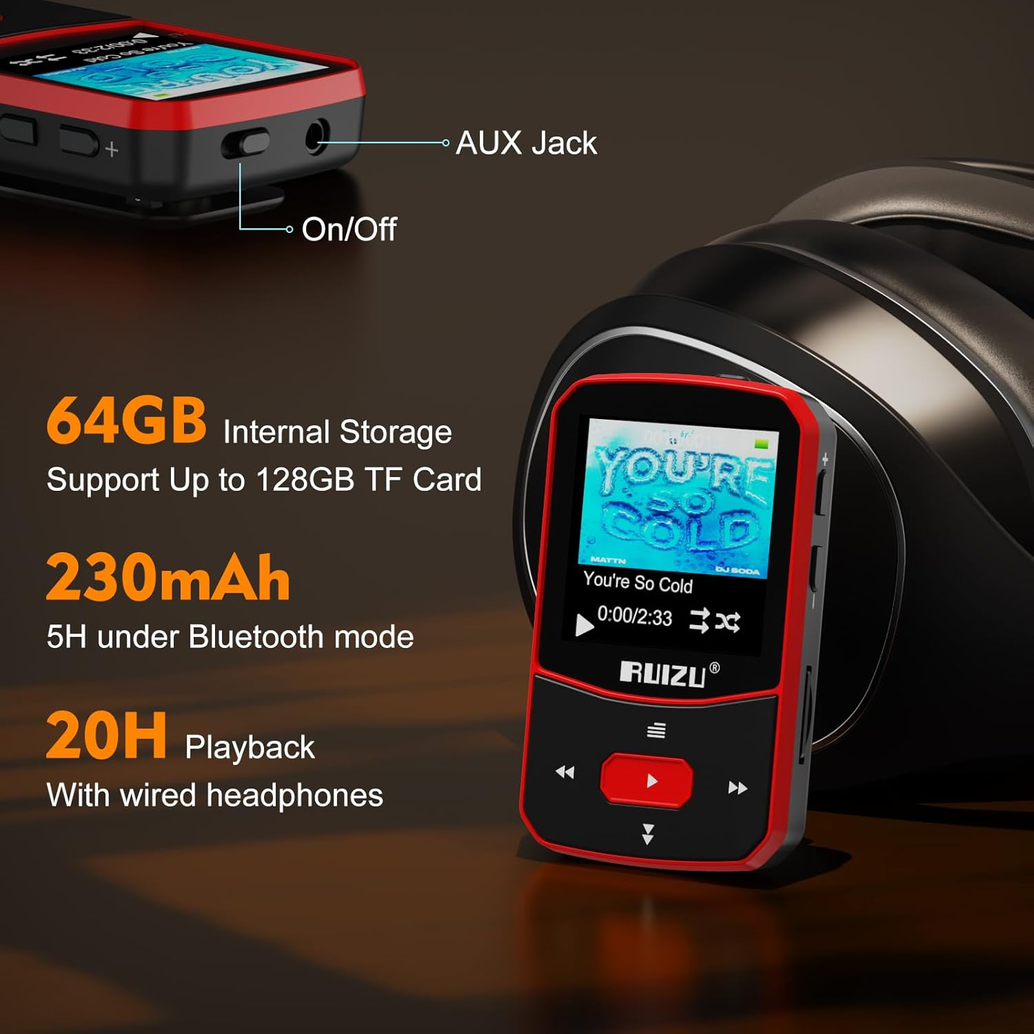 RUIZU 64GB Clip MP3 Player with Bluetooth 5.3, Portable Music Player for Sports Running, Voice Recorder, FM Radio, Pedometer, Digital Audio Shuffle Resume Playback, Support 128GB Micro SD Card, Red image number 5