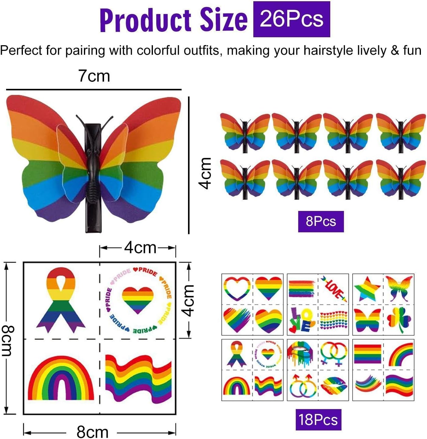 Pack of 8 Rainbow Butterfly Clips and 18 Rainbow Face Spots, Creative Cartoon Hairpin, Fun and Cute Face Stains, Dances and Celebrations. image number 3