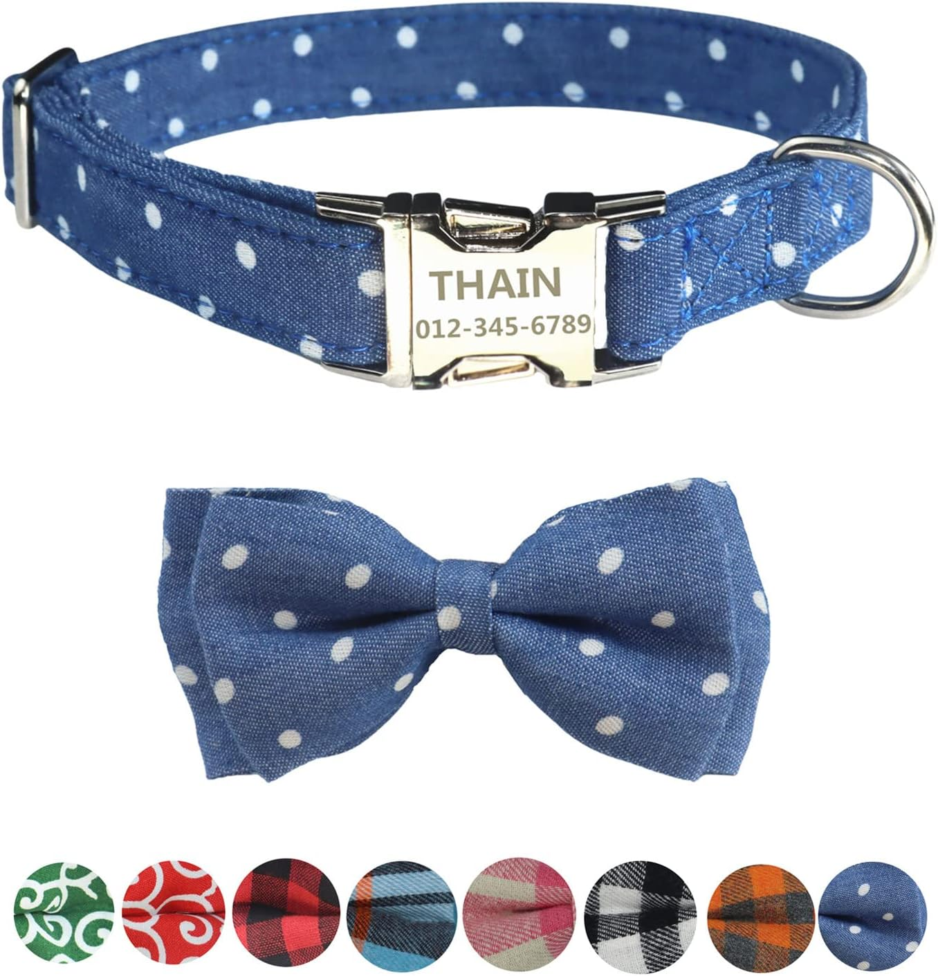 THAIN Custom Dog Collar Personalized for Male Female Dogs-Denis Dots,Plaid Pattern Engraved Pet Collars with Name Personalized Metal Buckle (S(Neck 9.8-13.8"), Denim Dots Blue)