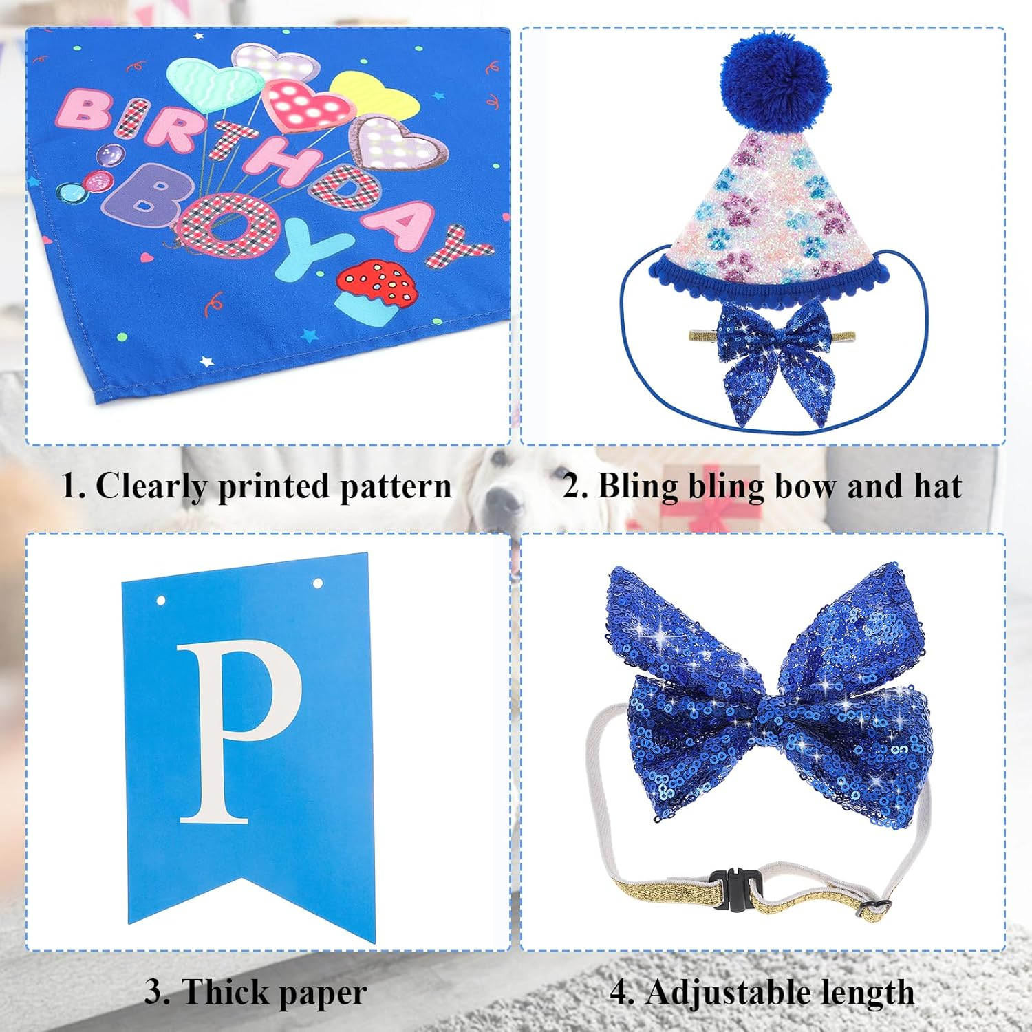 Dog Birthday Decor Sets, Happy Birthday Decoration with Hat Bandana Banner Bow Set, Puppy Cat Rabbit Boys Girls Party Supplies (Dark Blue) - Dark Blue image number 5