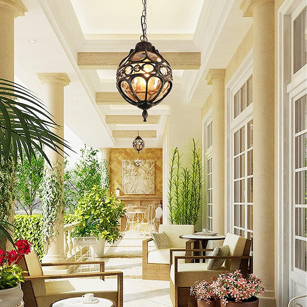 Vintage Outdoor Pendant Light, Metal Globe, 27Cm Height, 60Cm Chain, Waterproofe27,No Light Bulbs Included (Black) image number 4