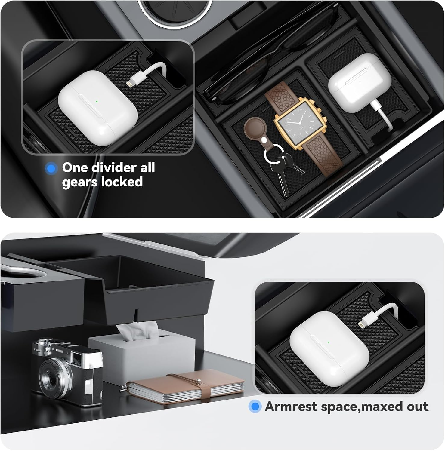 Ixtra 6PCS Center Console Organizer for Tesla Model Y Juniper 2025 2026-Model 3 Highland 2024 2025 Custom Fit Tesla Accessories [Smooth Sliding] Armrest Tray Hidden Storage Box Cup Holder Webcam Cover image number 5