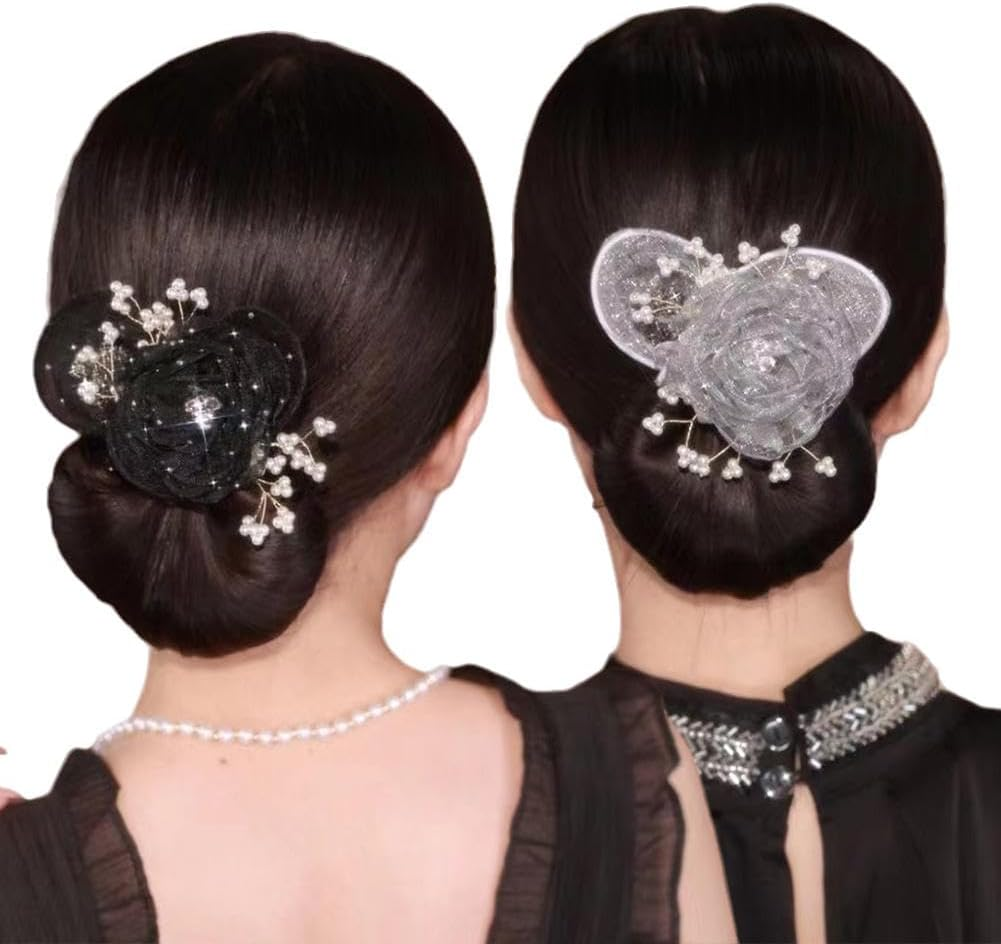 PLGEBR Hair Bun Maker,Hand Embroidered Flowers Deft Bun,Floral Design Dotted Bun Maker,Exquisite Bun Maker for Long Hair,Women Mesh Ballet Hair Styling Accessories image number 5