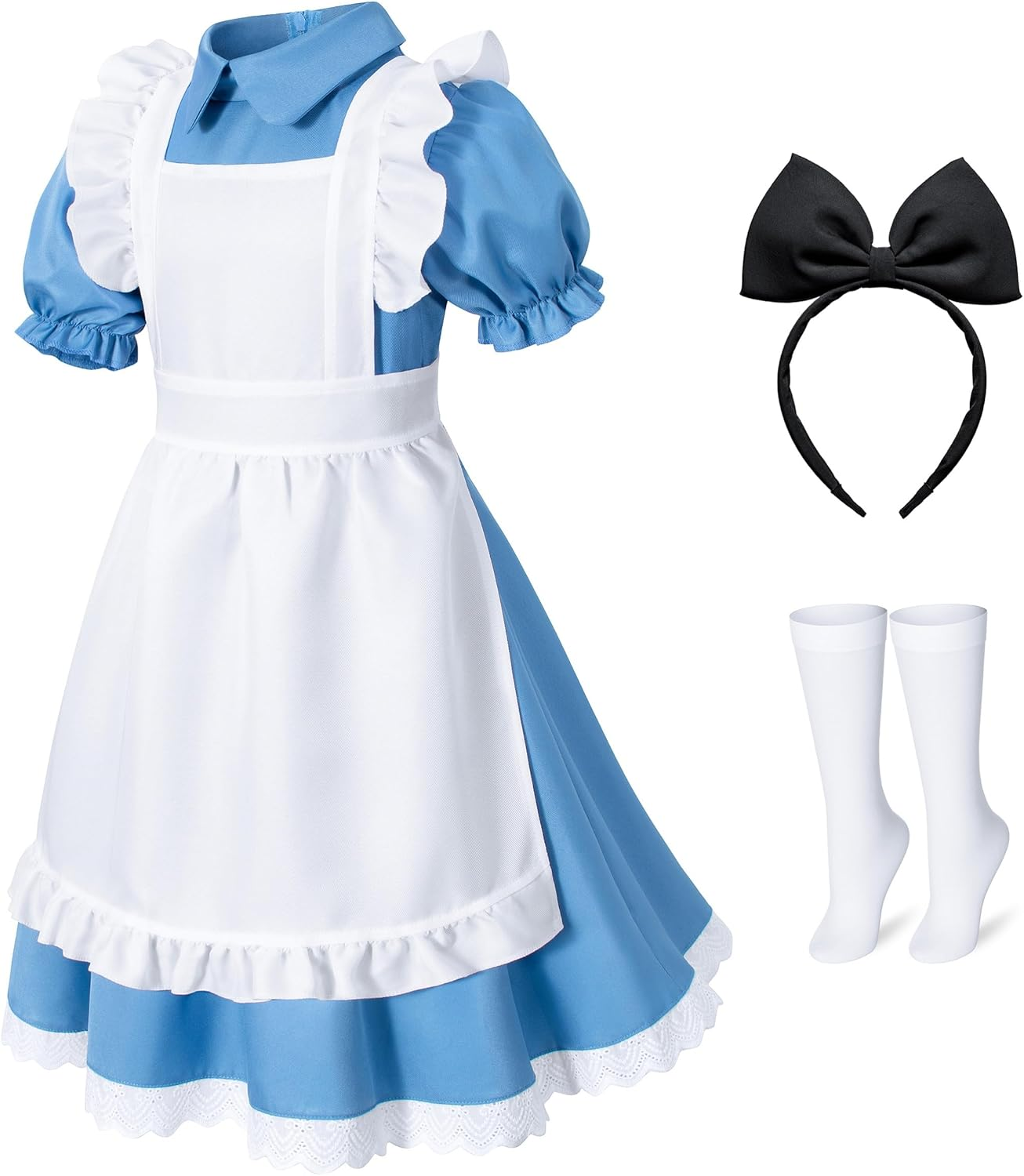 Irtysh Girl Blue Dress White Apron Halloween Cosplay Costume with Bow Hair Band Stockings Set