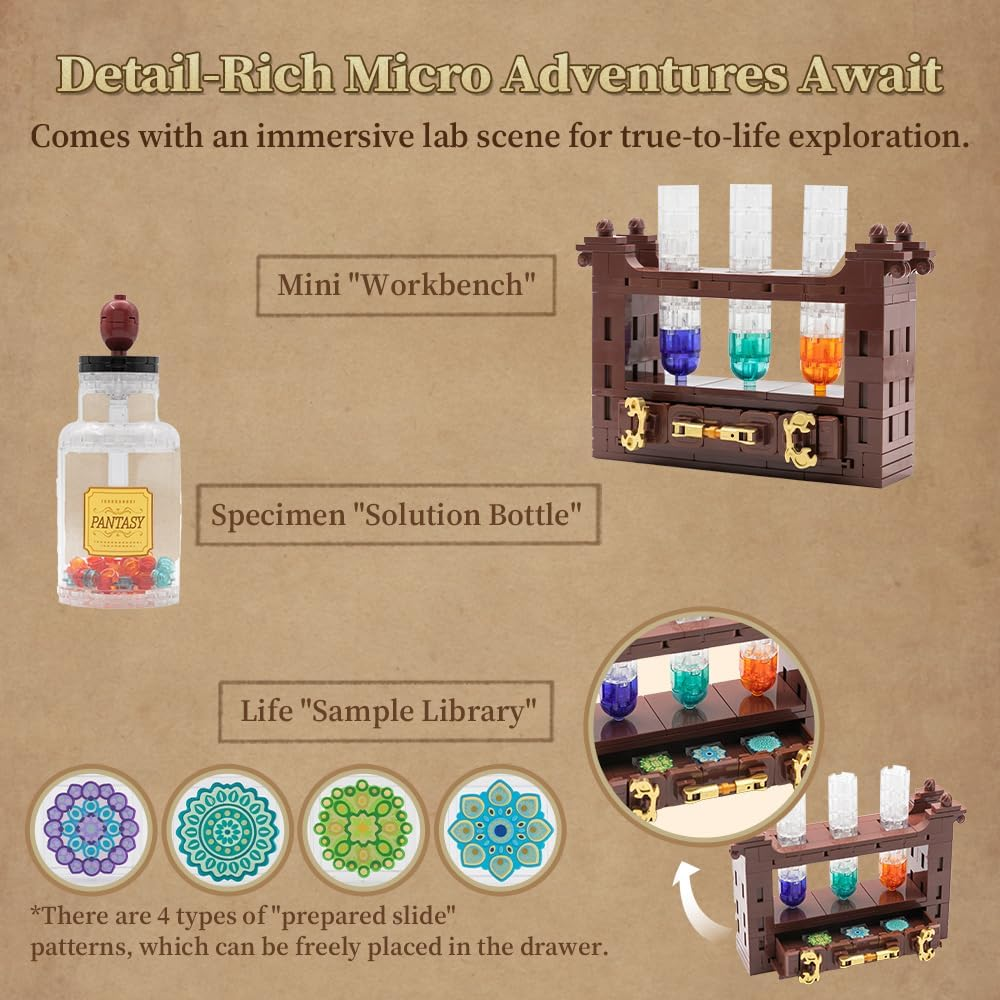 PANTASY Retro Microscope Building Kit for Adults, Antique Science Instrument Model with Mechanical Design, Brass Finish & Lab Accessories, Collectible Display Brick Set