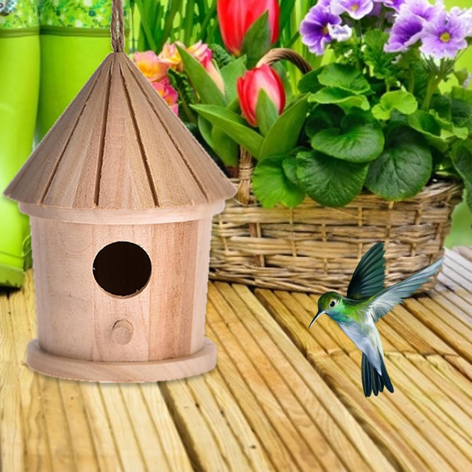 Generic Wood Bird House | Hanging Natural Hummingbird Nest | Bluebird House, Brown, Handcrafted Bird Hut