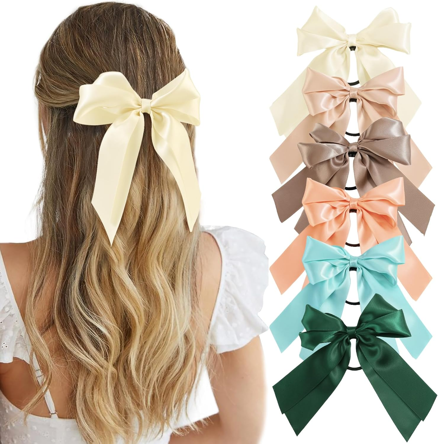 Yougeigy 6PCS Bow Hair Ties, Satin Hair Ribbon, Ribbon Hair Bows for Women Girls, Elastics Hair Scrunchies for Thick Thin Hair, Brown Hair Accessories