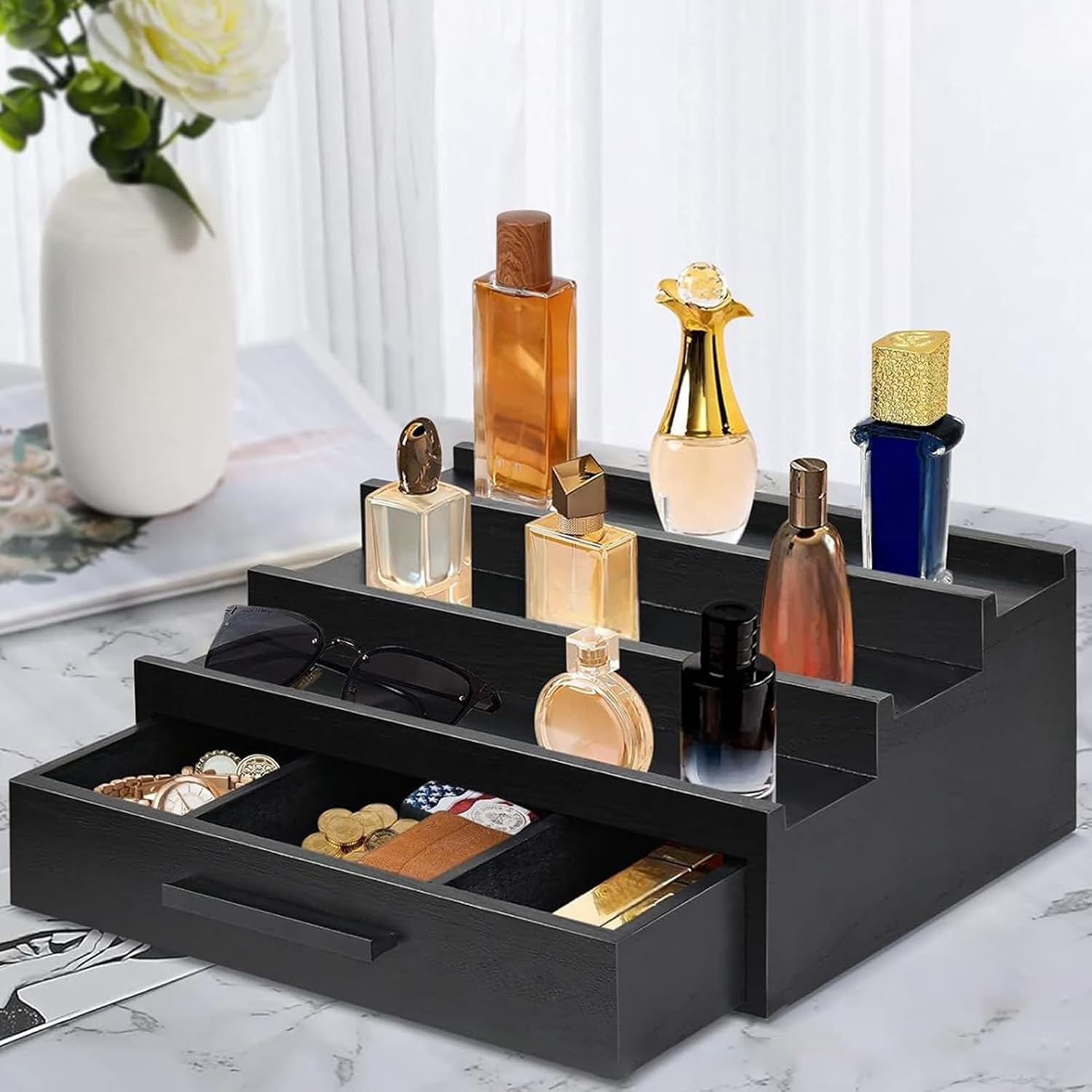 Perfume Rack Organizer | Fragrance Rack Three-Layer Perfume Holder | Perfume Rack, Wooden Perfume Stand, Black Perfume Organizer with -Drawers for Watches, Room image number 1