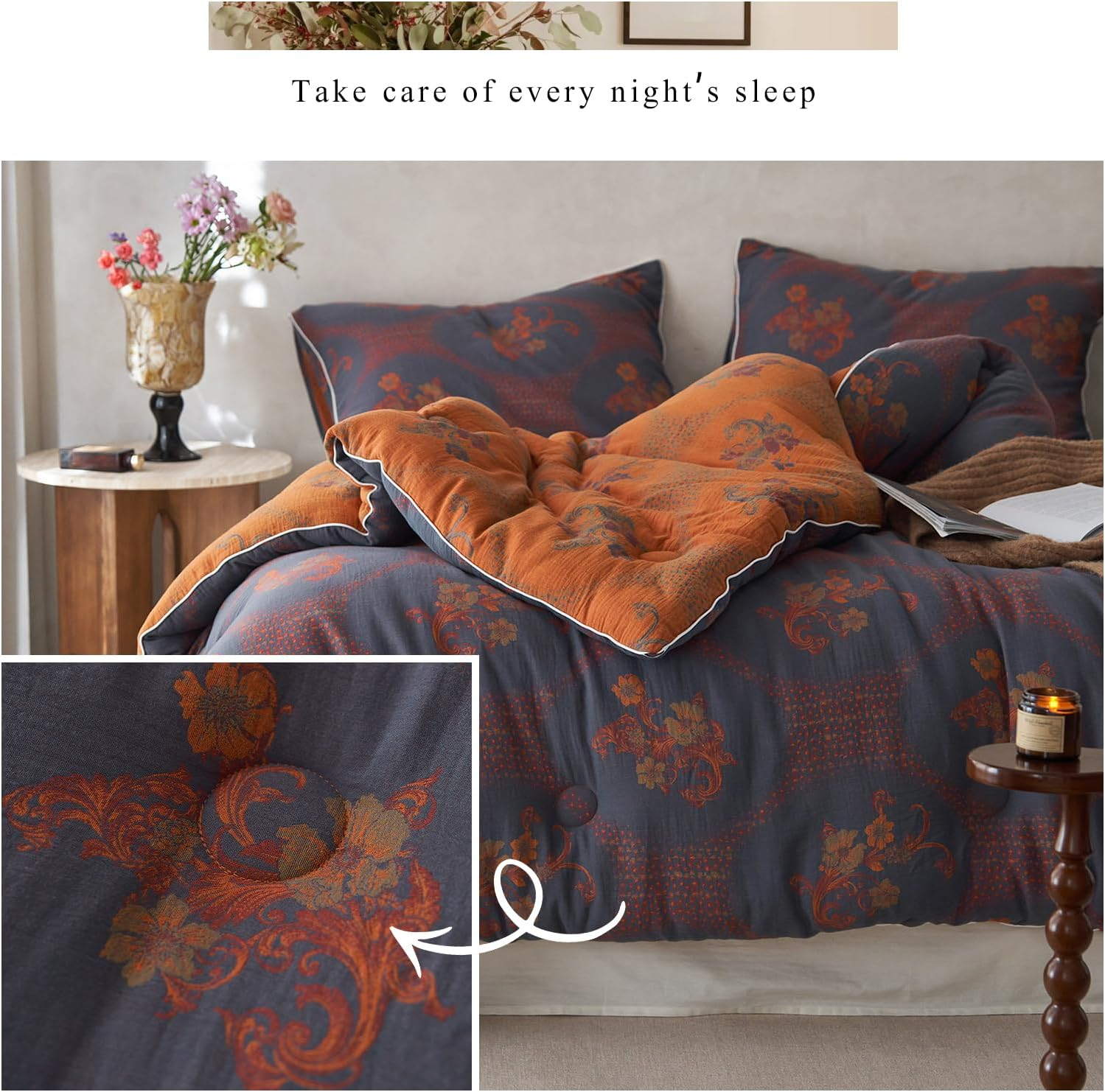 Mixinni Vintage Floral Comforter Set King Size, All Seasons Muslin Cotton Bedding Set, 3 Pieces Farmhouse Shabby Chic Jacquard Floral Comforter Set Perfect for Women and Men-Grayish Blue/Pumpkin image number 5