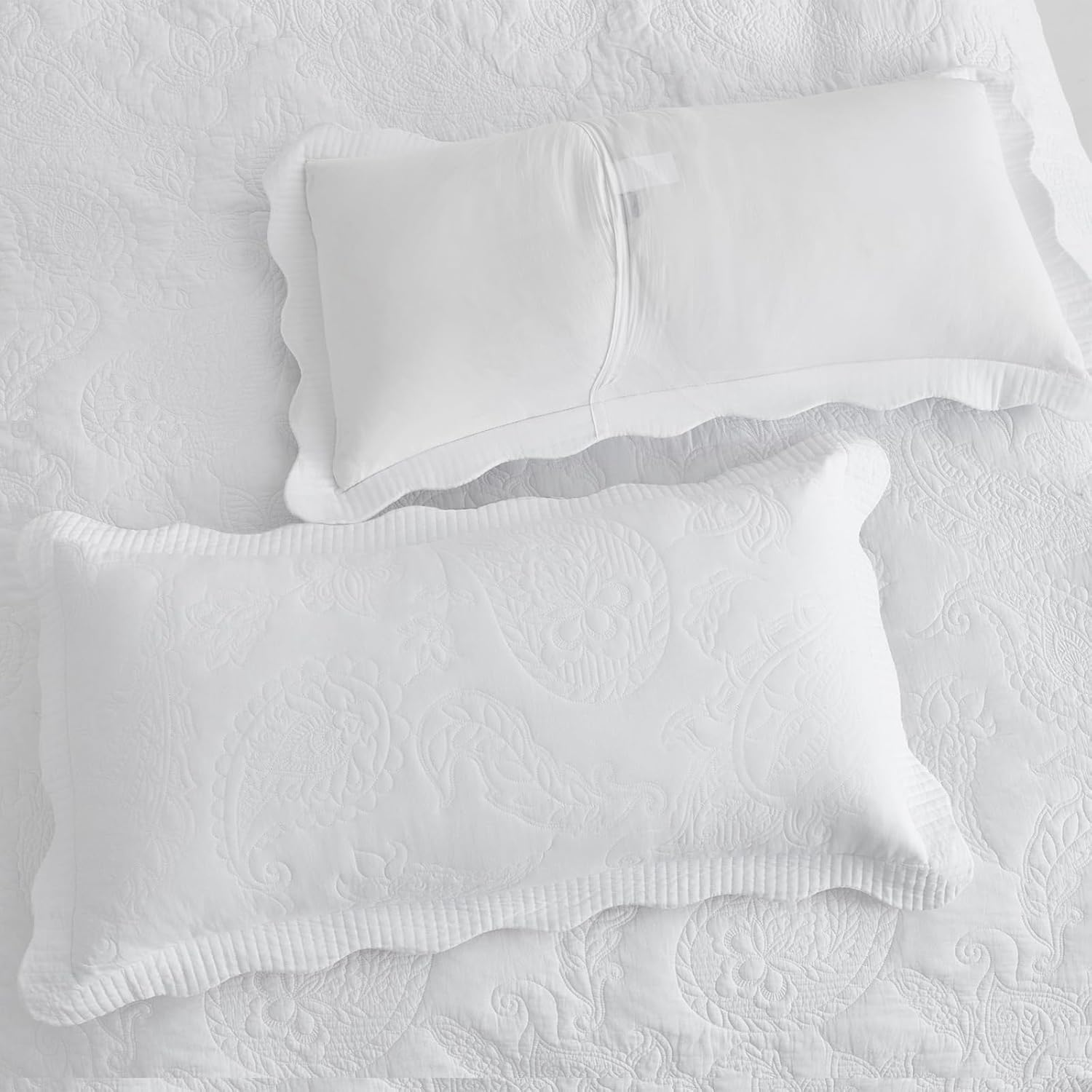 Blythease Oversized Queen Bedspread Cotton, Reversible Paisley Pattern Design, Lightweight Bedding Cover, 4 Piece Set - Queen, Pure White