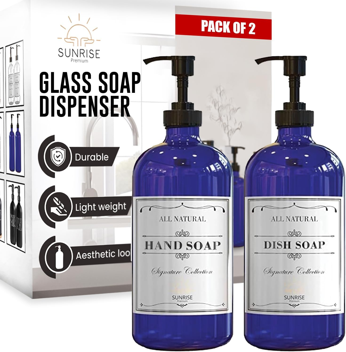 16 OZ Thick Clear Glass Soap Dispenser with Plastic Pump 2 Pack, Hand and Dish Soap Dispenser Set for Bathroom with 6 Waterproof Labels