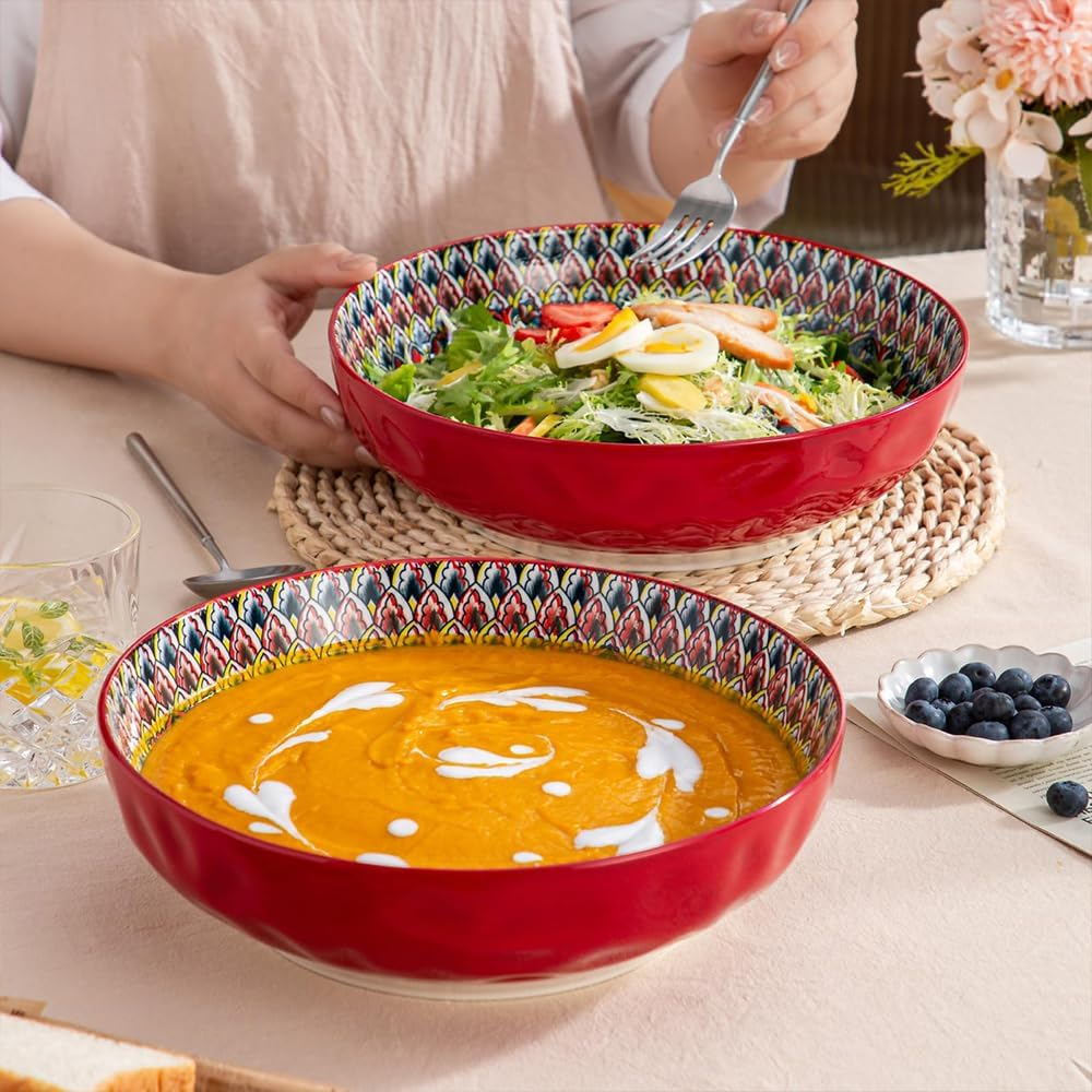 HYAVIA 10-Inch Red Porcelain Bowls &ndash; Microwave & Dishwasher Safe Cereal, Soup, and Salad Bowls for Ramen, Pasta, Dessert, Giftable Kitchen Dishware image number 2