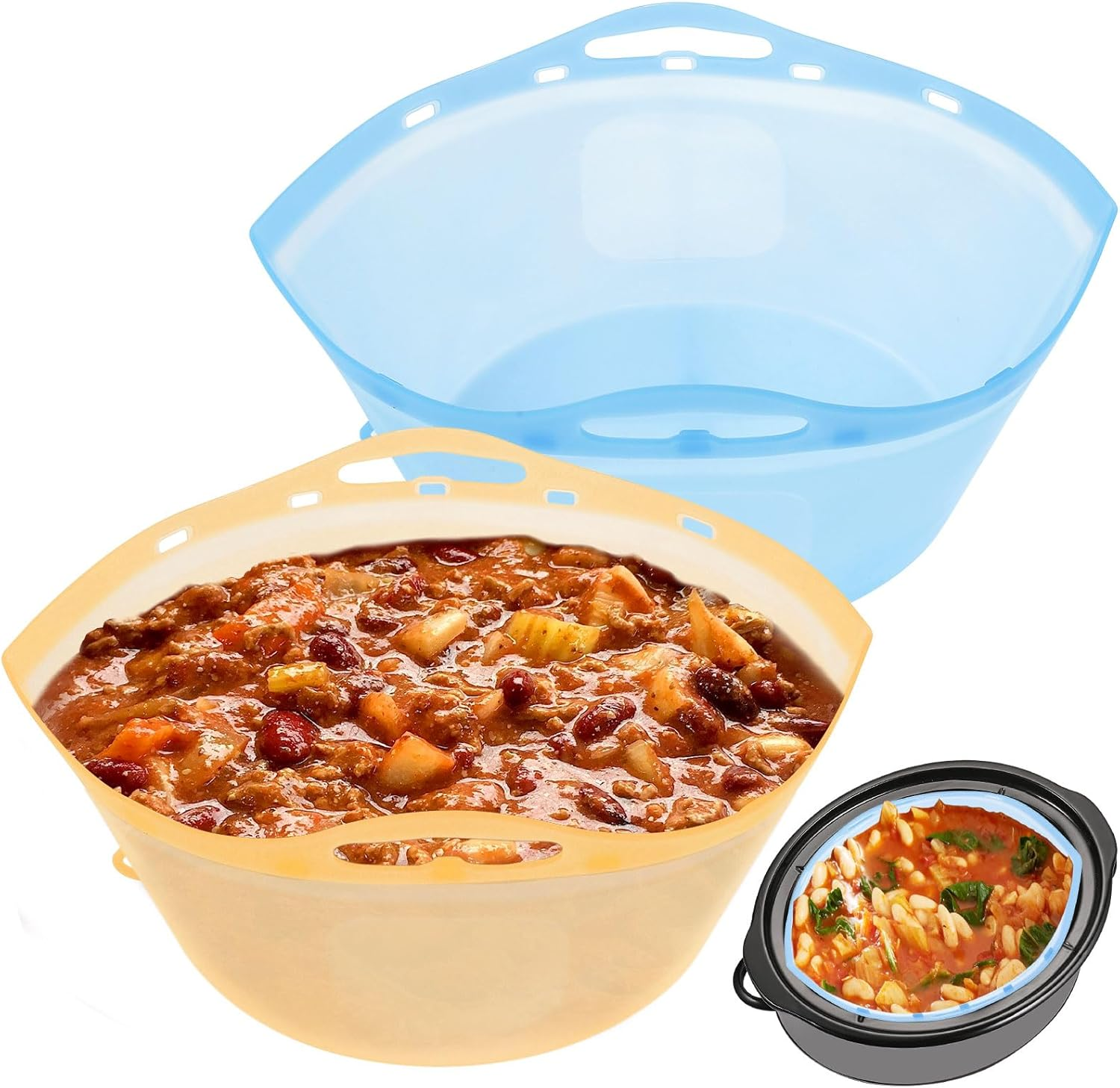 Silicone Slow Cooker Liners Fits 6-10 QT Crock Pot Orange and Blue Silicone Crock Pot Liners Reusable Crock Pot Bags Liners for round or Oval Pots Large Size Dishwasher Safe Leak-Proof Cooking Liner