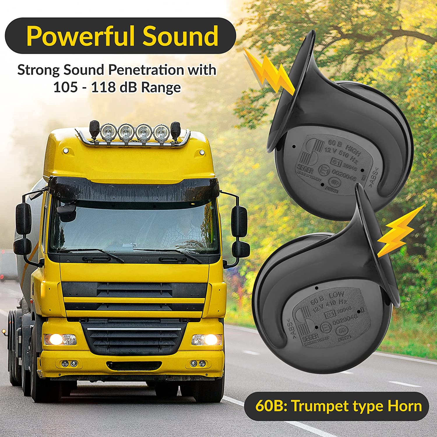 SEGER Trumpet Car Horn Set - Truck Horn - Waterproof - High/Low Tone, 12 Volt, Universal Fit - Original 60B Series &ndash; European Made 12V Loud Car Horns with Brackets and Assembly Kit image number 5