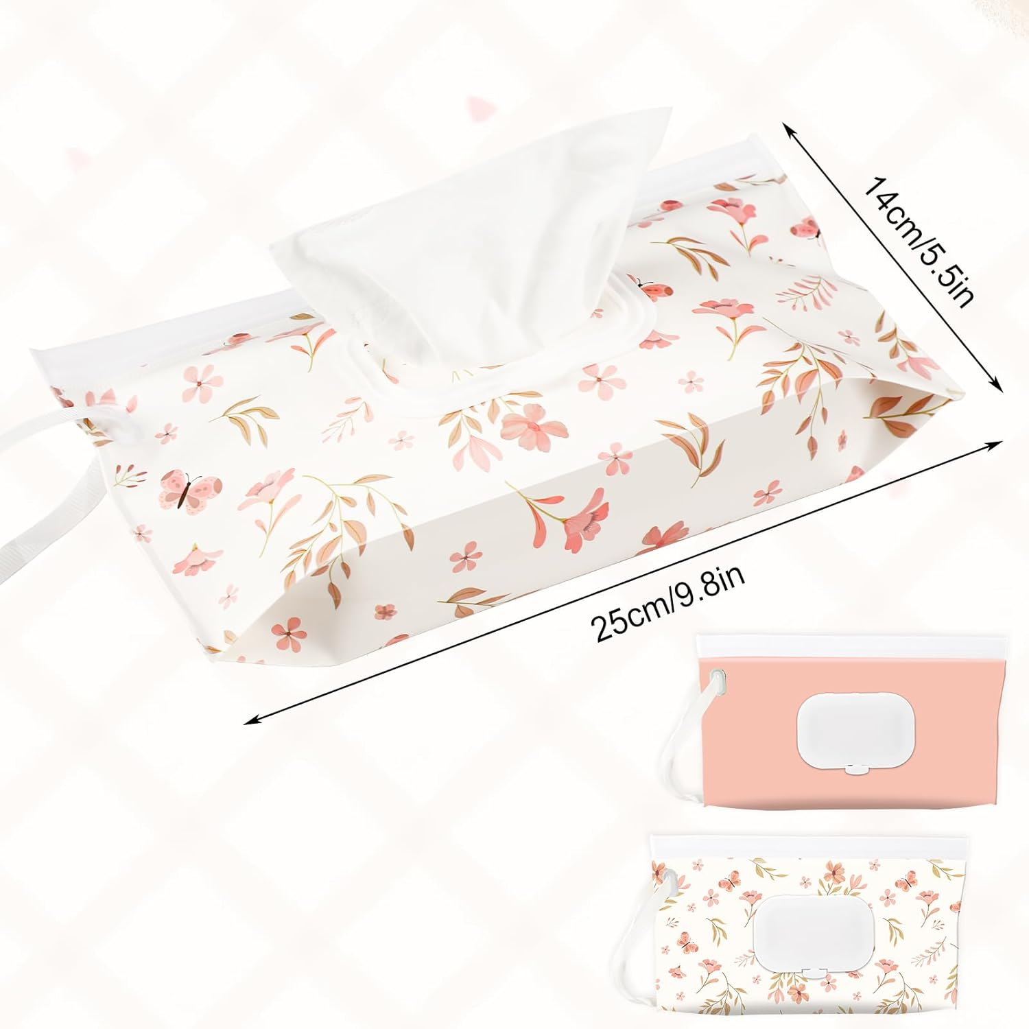 FEBSNOW 2 Pack Baby Wipes Dispenser Holder, Portable Refillable Baby Wet Wipes Pouch Container Reusable Travel Case for Outdoor Hiking, Pink Flower - Beige image number 5
