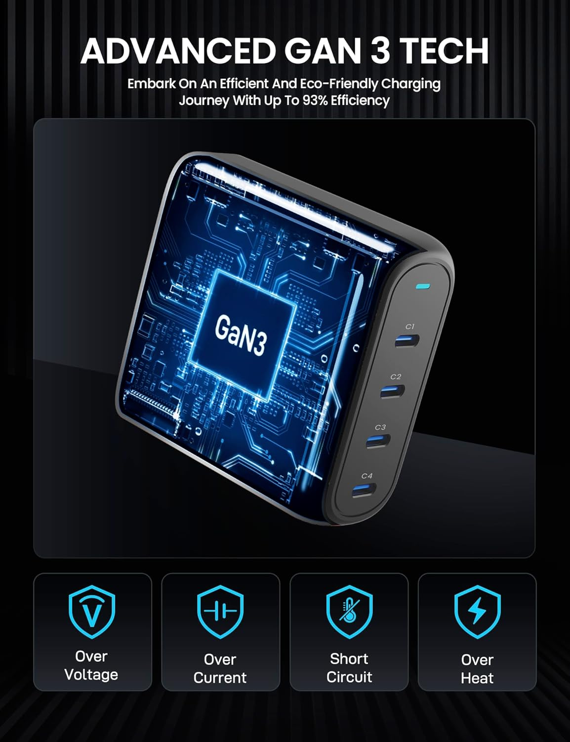 Zyron 100W USB C Charger, 4 Ports Multi USB-C Wall Plug with Power Cord, 100W/65W Gan 3 Fast Charger, PD 3.0 Travel Charger for Iphone 15, Macbook, S23 + Travel Adapters, 2M Cable & Travel Case image number 1