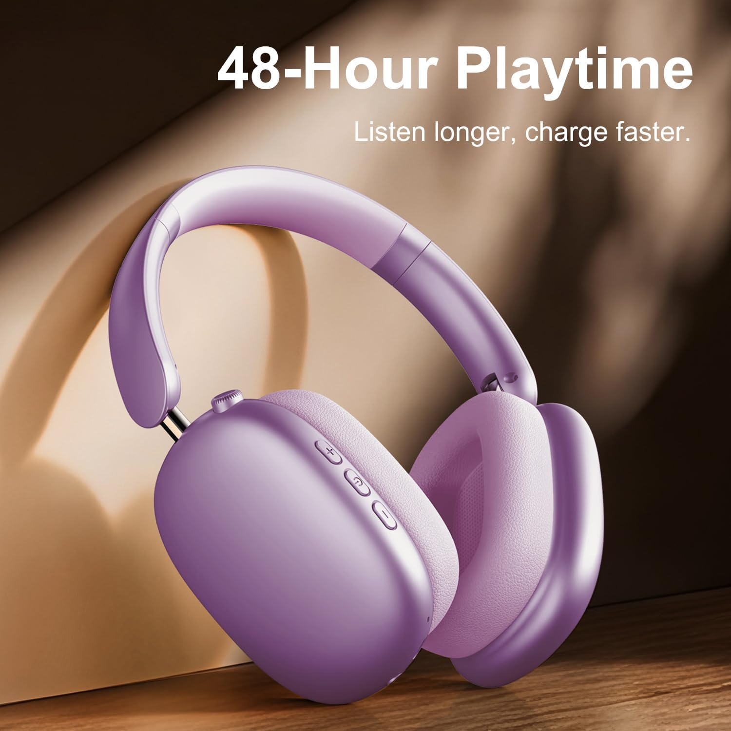 Wentronic Y01 Wireless Noise Canceling Headphones Bluetooth 5.3 over Ear Headphones with Microphone, Hi-Res Audio, 48H Playtime, Foldable Comfortable Earpads,Compatible with Ios,Android,Pc, Purple image number 2