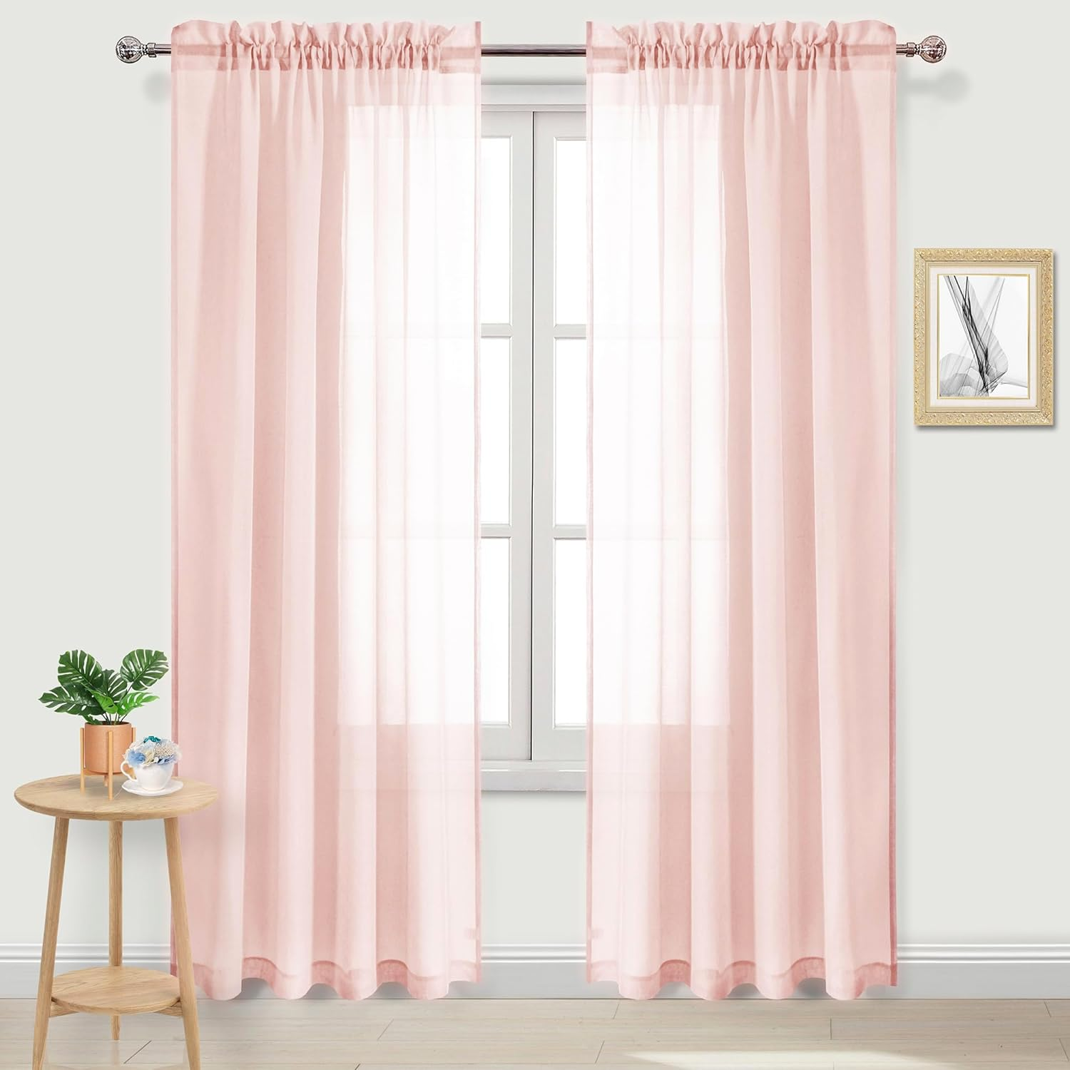 DWCN Short Sheer Curtains Semi Transparent Voile Rod Pocket Curtains for Bedroom and Living Room, Blush Pink, 132 X 161 Cm Long, Set of 2 Panels