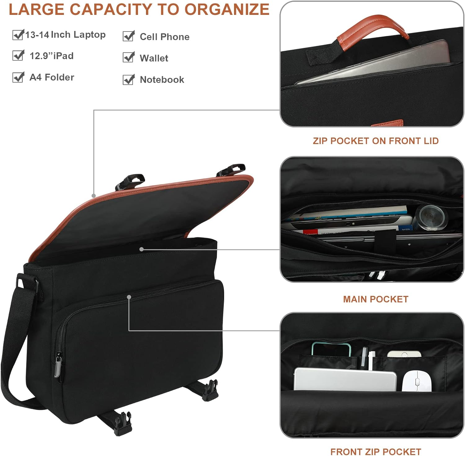 Laptop Messenger Bags, Men'S Shoulder Bag, 13-14 Inches Water Resistant Vintage Canvas Bag for School and Work, Multiple Pocket.