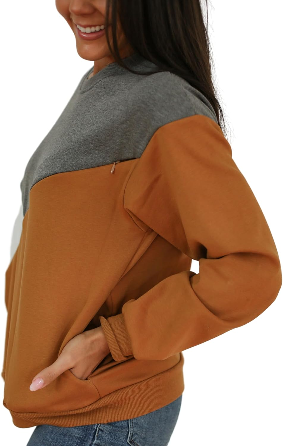 Movemama Women'S Breastfeeding Colorblock Diagonal Zip Nursing Sweatshirt with Velour Interior image number 6