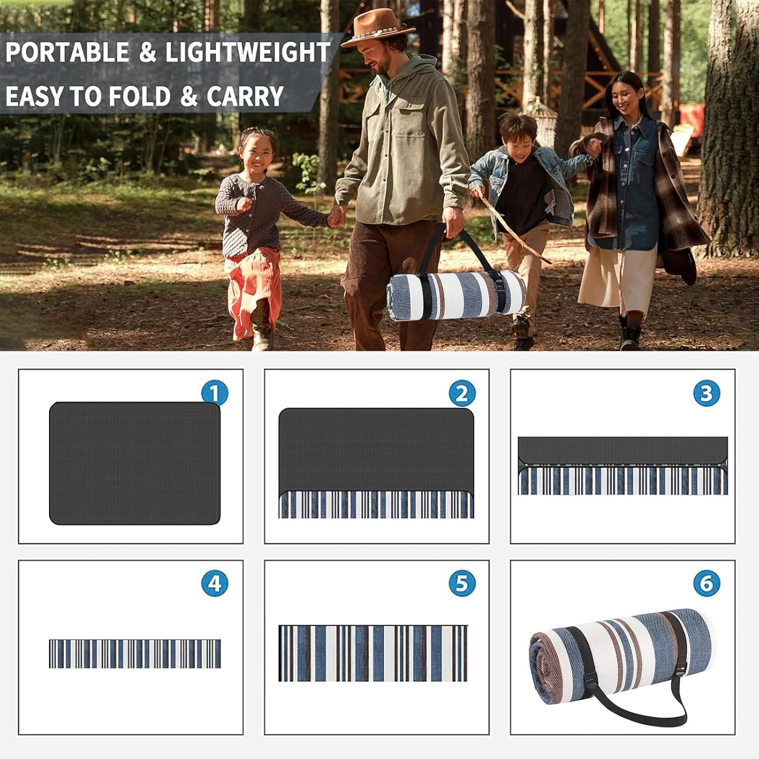 Zalizr Extra Large Waterproof Picnic Blanket, 200 X 200 CM, Foldable 3-Layer Outdoor Mat for 6-8 Adults, Portable Picnic Mat with Carry Strap for Camping, Beach, Park, Grass & Indoor Use image number 6