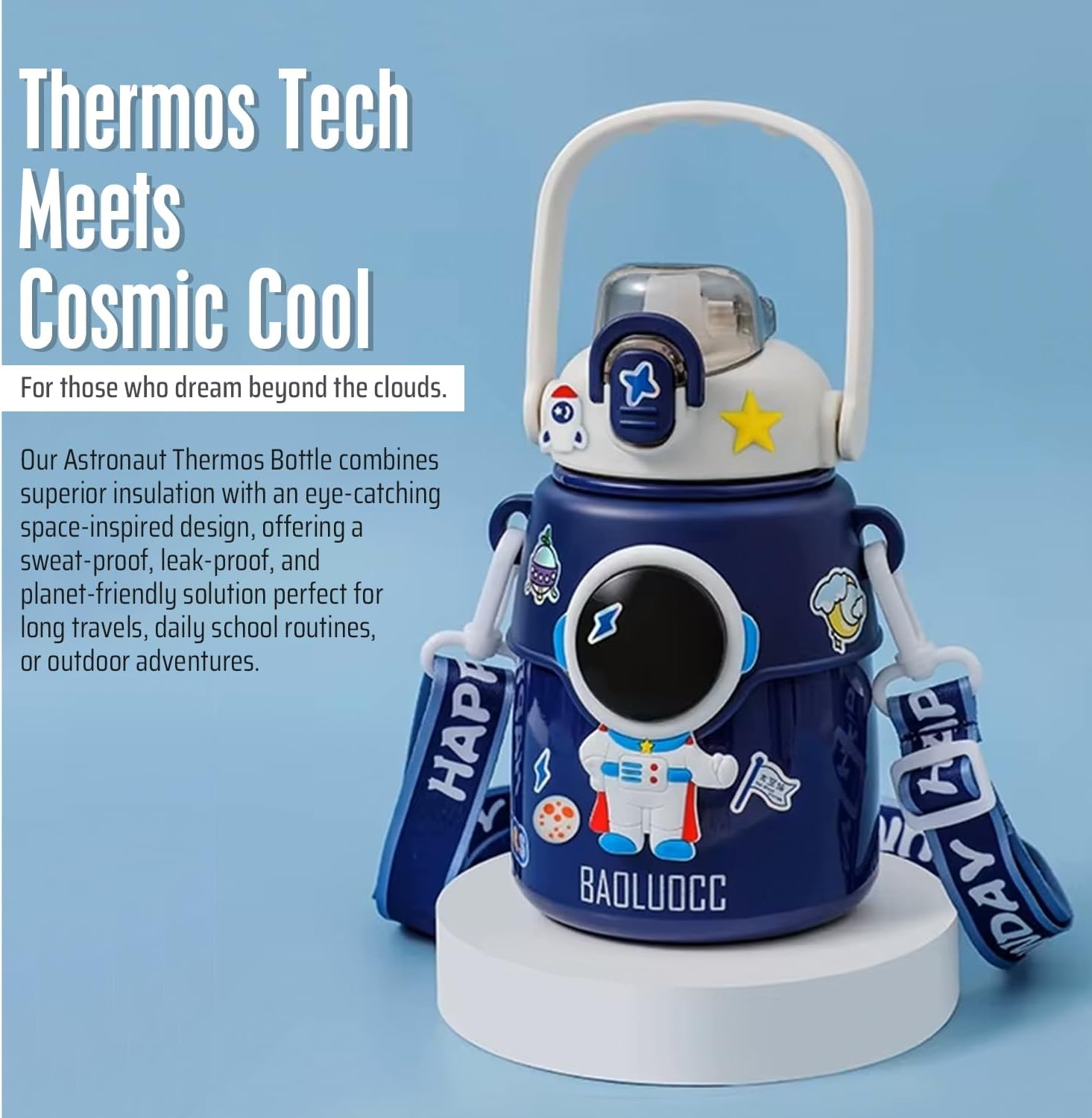 Outer Space Kids Water Bottle &ndash; 850Ml Leakproof Stainless Steel Thermos with Straw Lid, Strap & Stickers &ndash; Insulated Double Wall Bottle Keeps Drinks Cold 24H / Hot 12H for School & Travel - Blue image number 5
