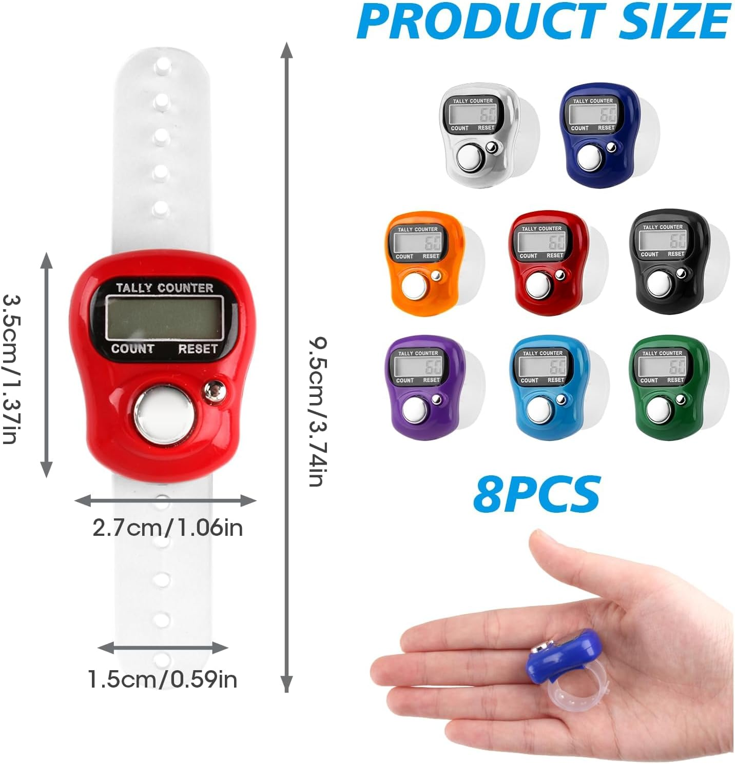 8 Pcs Electronic Finger Tally Counter Mini LCD Digital Display Tally Counter, Handheld Counter Clicker Pitch Counter, Resettable Finger Hand Tally Counter for Golf Coaching Knitting, Lap, Fishing Row image number 2