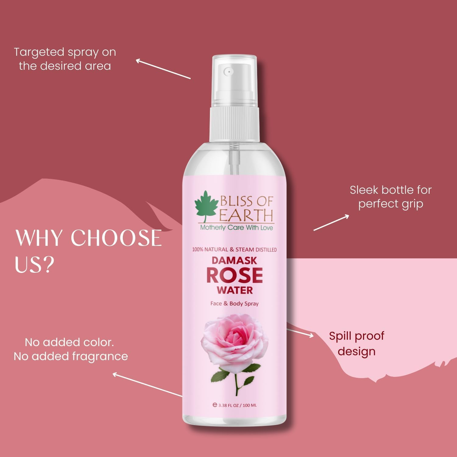 Bliss of Earth 100% Pure Damascena Rose Water Spray for Face, Steam Distilled, Food Grade, Pure Gulab Jal, 100ML