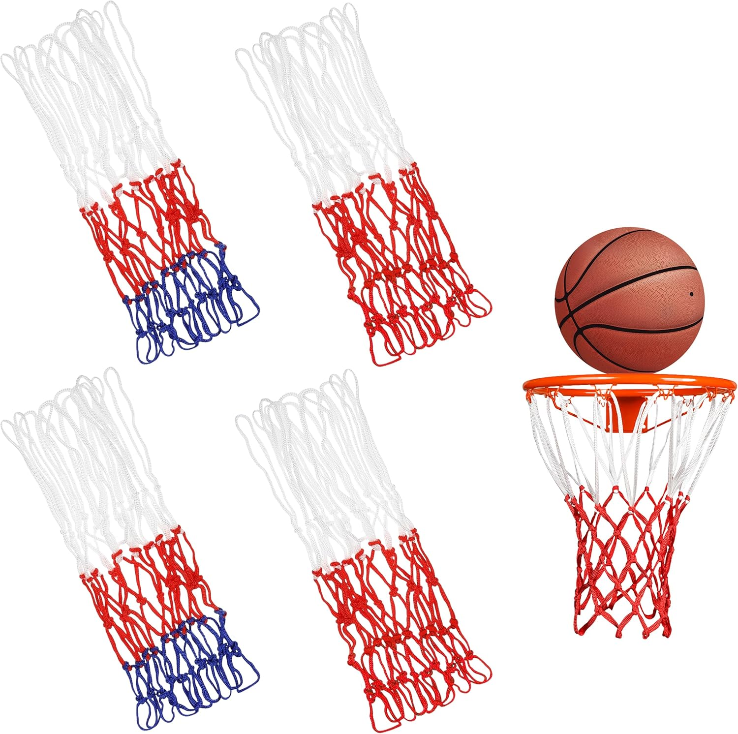 JIEYUMAO 4Pcs Basketball Nets, 2 Colors Heavy Duty Basketball Net Replacement, Red White Blue Nylon Basketball Nets Basketball Hoop Net Outdoor Basketball Net for Home School Park Gym image number 3